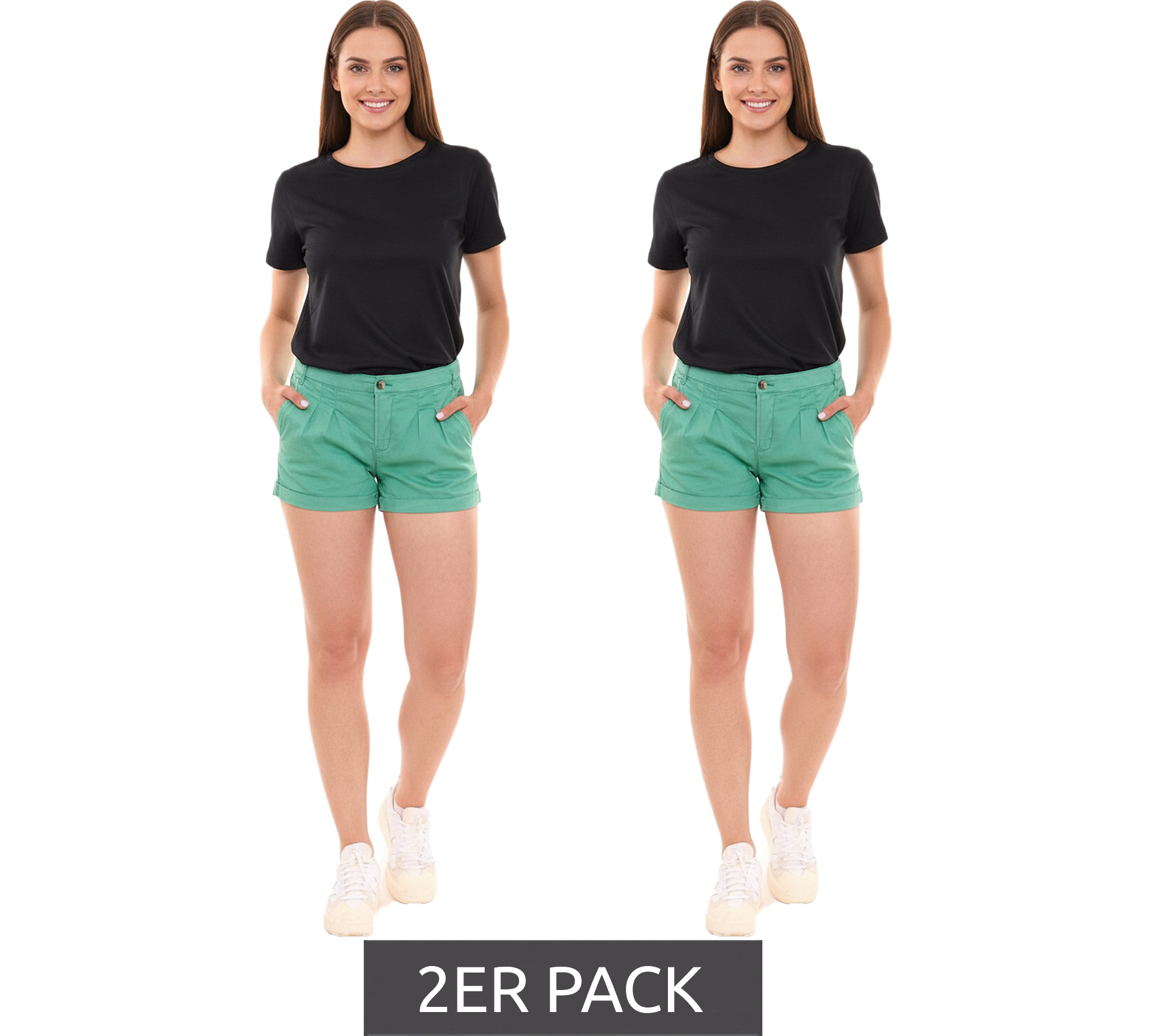 2er Sparpack AjC Damen Hot-Pants mit Bügelfalten Chino-Shorts mit fixiertem Umschlag Sommer-Shorts 83031904 Grün