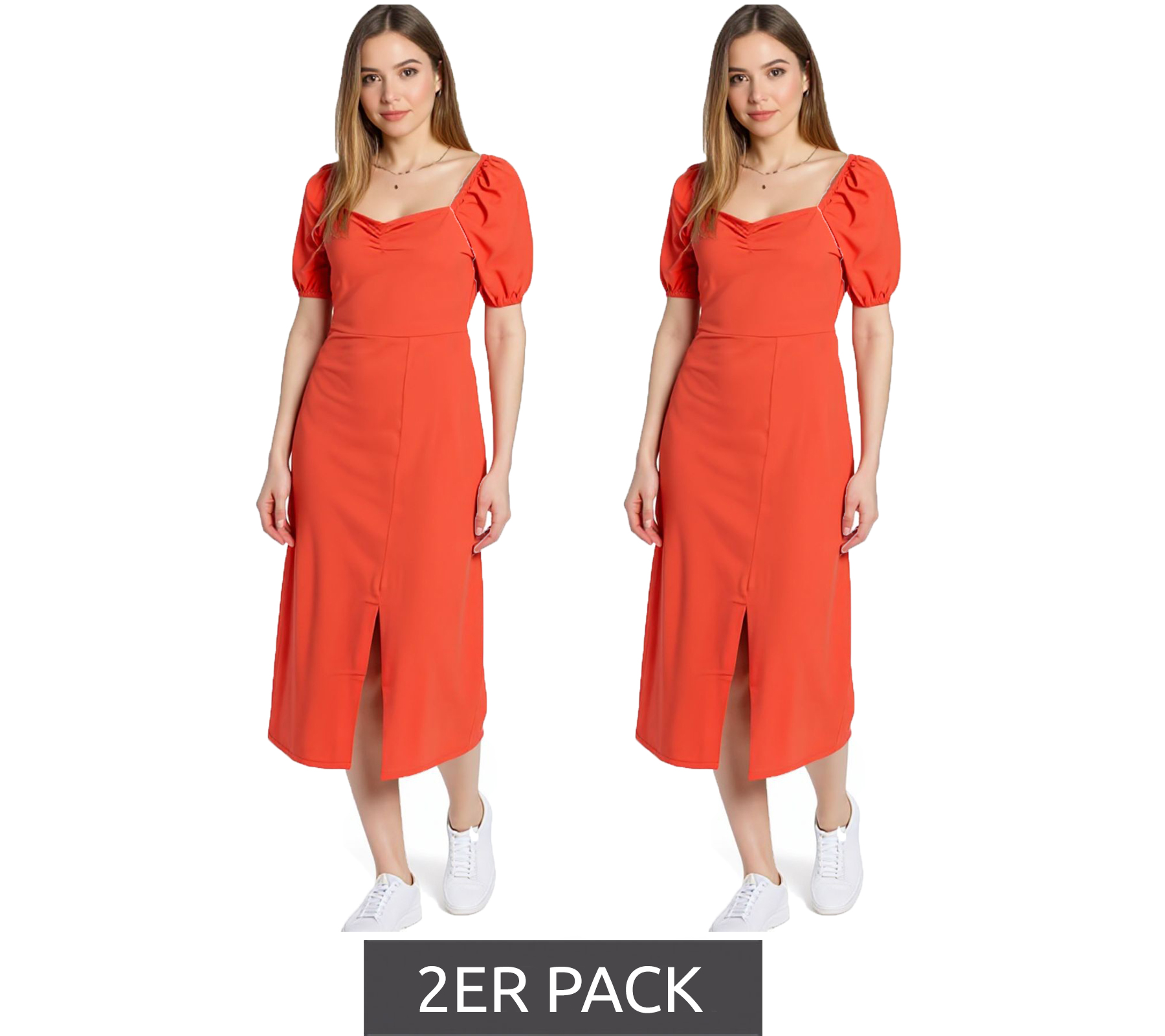 2er Sparpack AJC Damen Midi-Kleid leichtes Baumwoll-Kleid mit Puffärmeln Sommer-Kleid 47018232 Rot