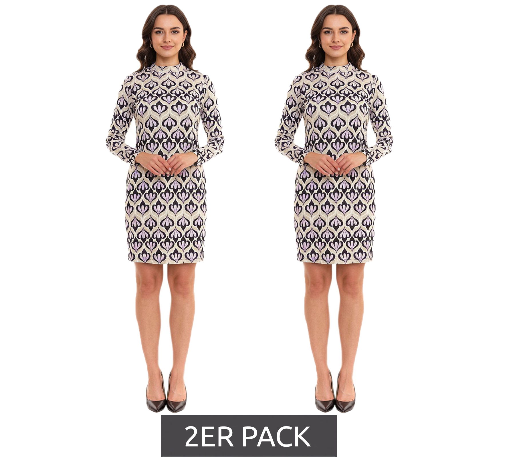 2er Sparpack Aniston CASUAL Damen Midi-Kleid mit Allover-Print Langarm-Kleid mit Rückenausschnitt 86478136 Grün/Violett