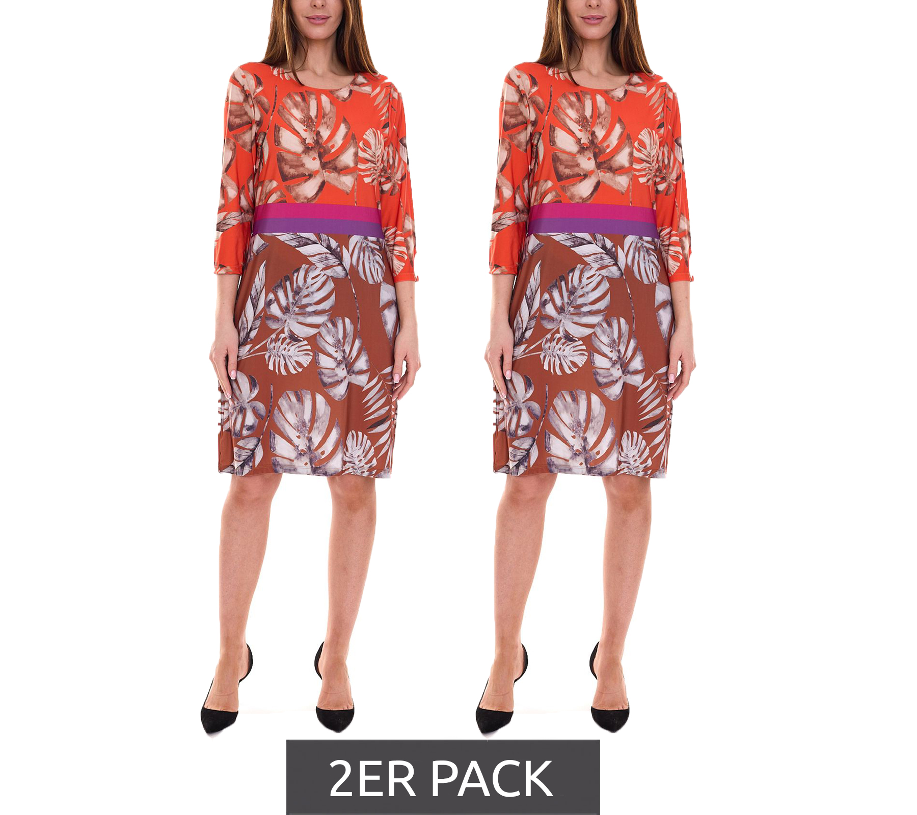 2er Sparpack Aniston SELECTED Damen Mini-Kleid schickes Rundhals-Kleid mit Allover-Muster 15201545 Bunt
