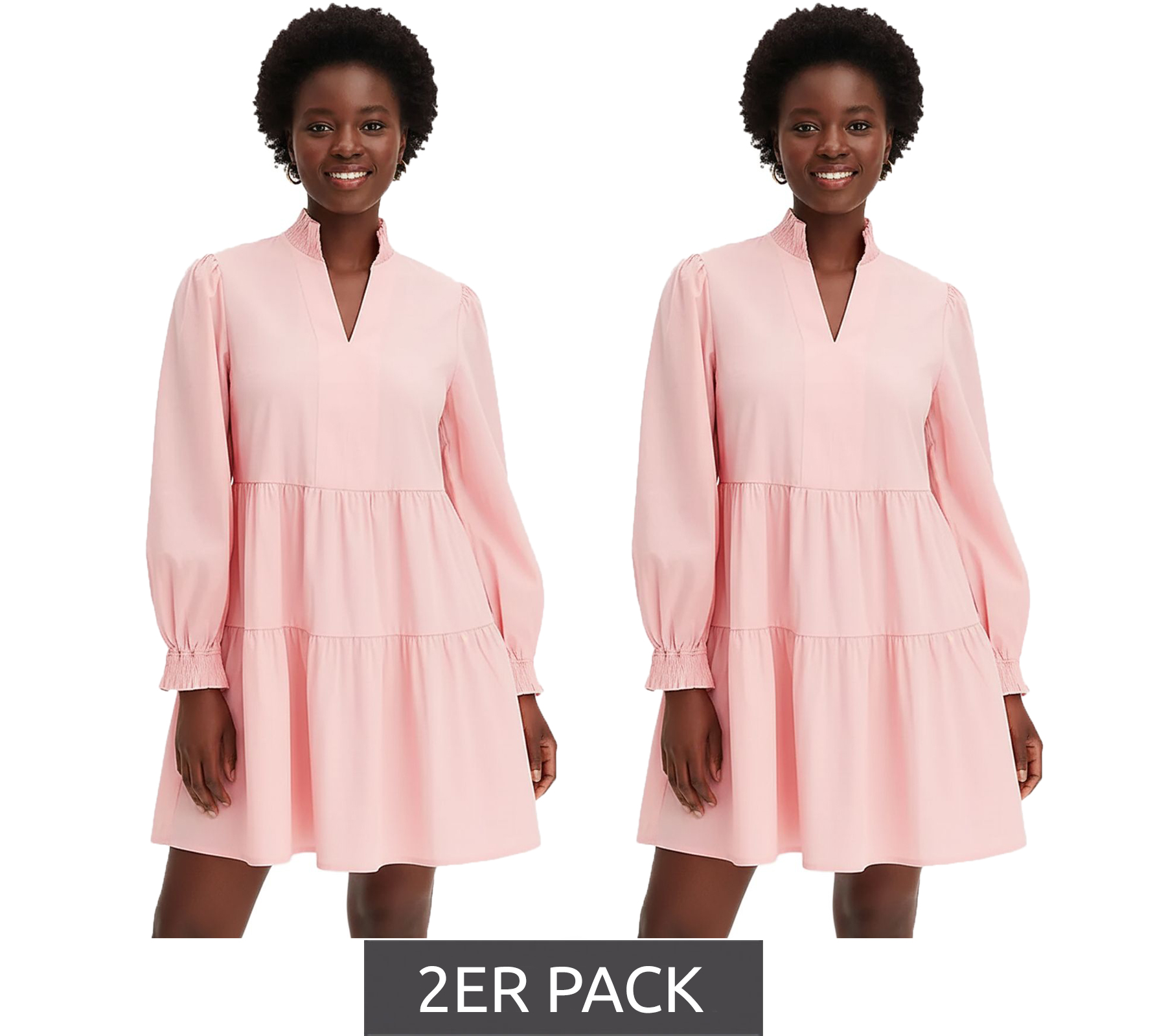 2er Sparpack ausgestelltes Volantskleid mit gesmokten Ausschnitt und Ärmelsaum Mini-Kleid Baumwoll-Kleid 956565 Rosa