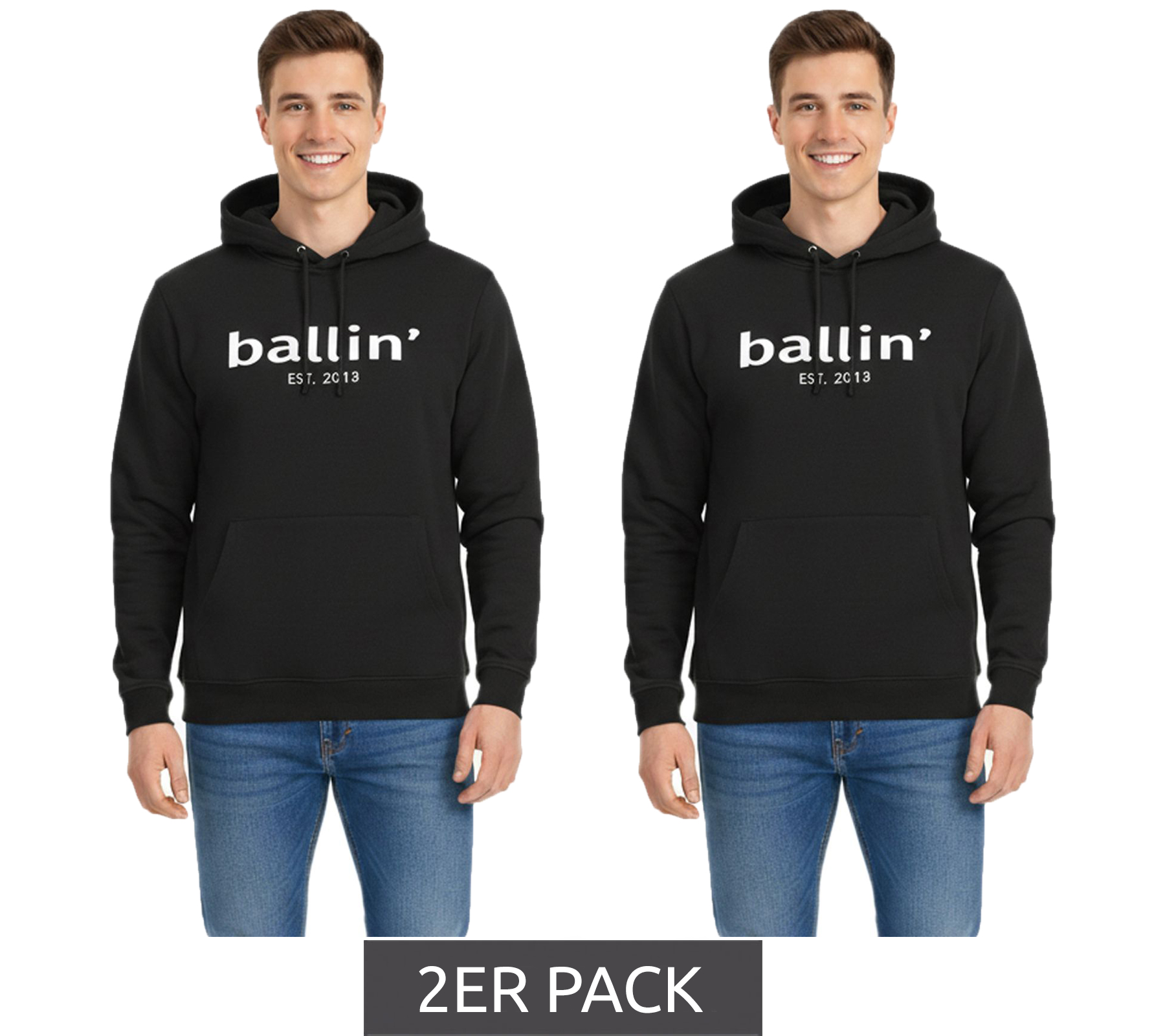 2er Sparpack Ballin Est. 2013 Herren nachhaltiger Hoodie Kapuzen-Pullover mit Logo-Print auf der Front HO-H00050 Schwarz