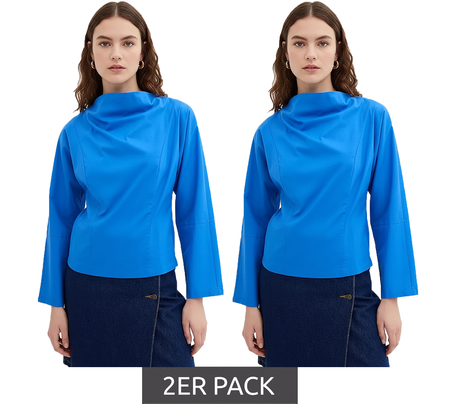 2er Sparpack Damen Baumwoll-Popeline-Bluse mit Wasserfallausschnitt Alltags-Bluse 925072 Blau