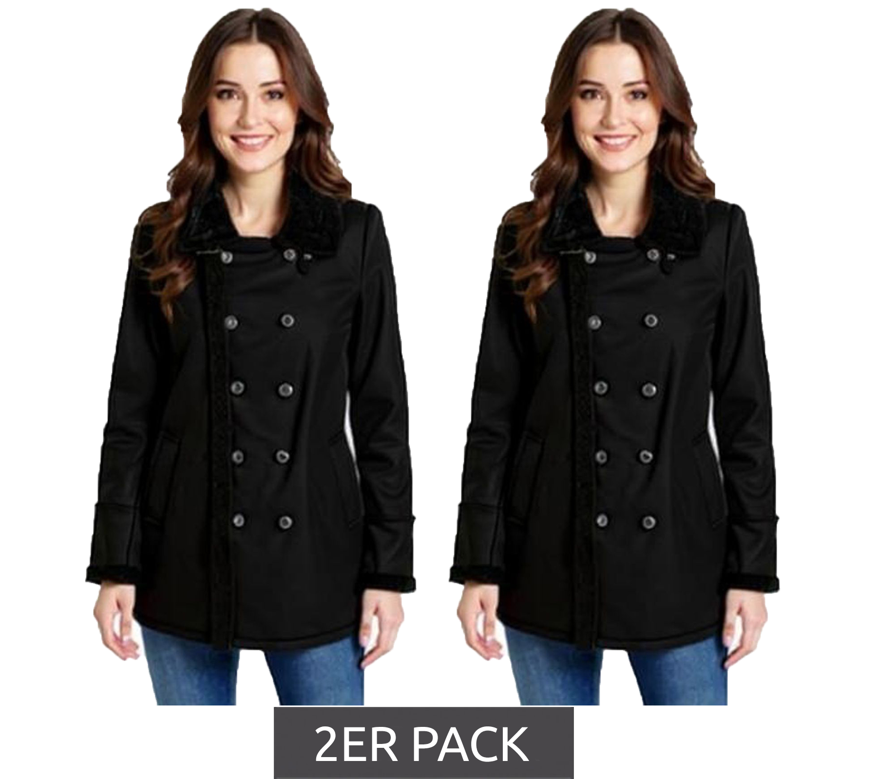 2er Sparpack Damen Mantel mit Teddyfell Kragen Kunstlammfell-Jacke Herbst-Parka 939077 Schwarz