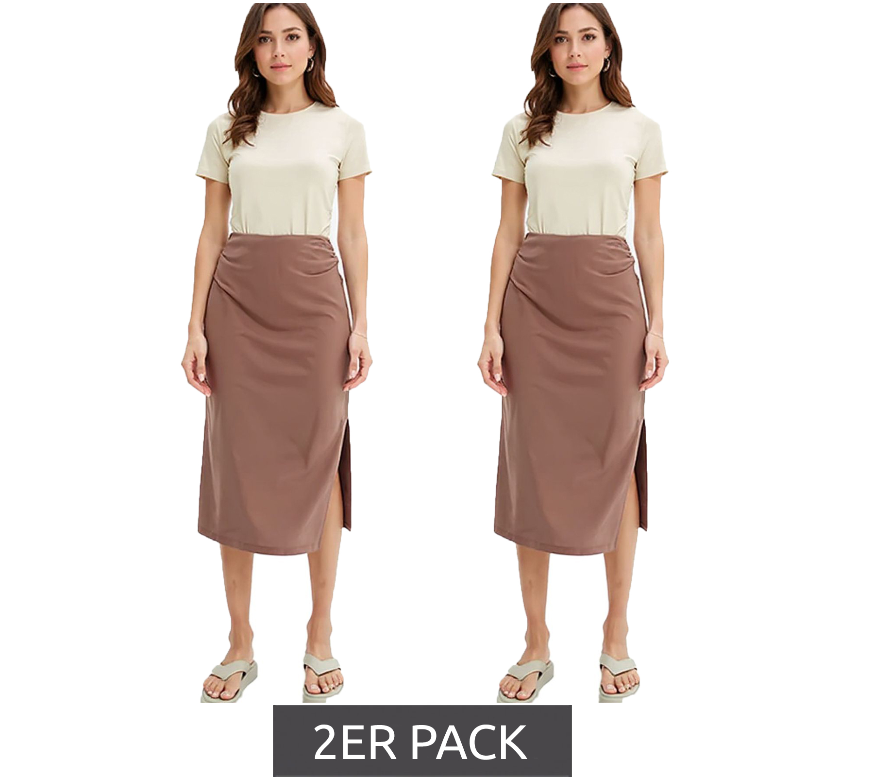 2er Sparpack Damen Midi-Rock stylischer Sommer-Rock mit Raffung und Schlitz 938576 Braun