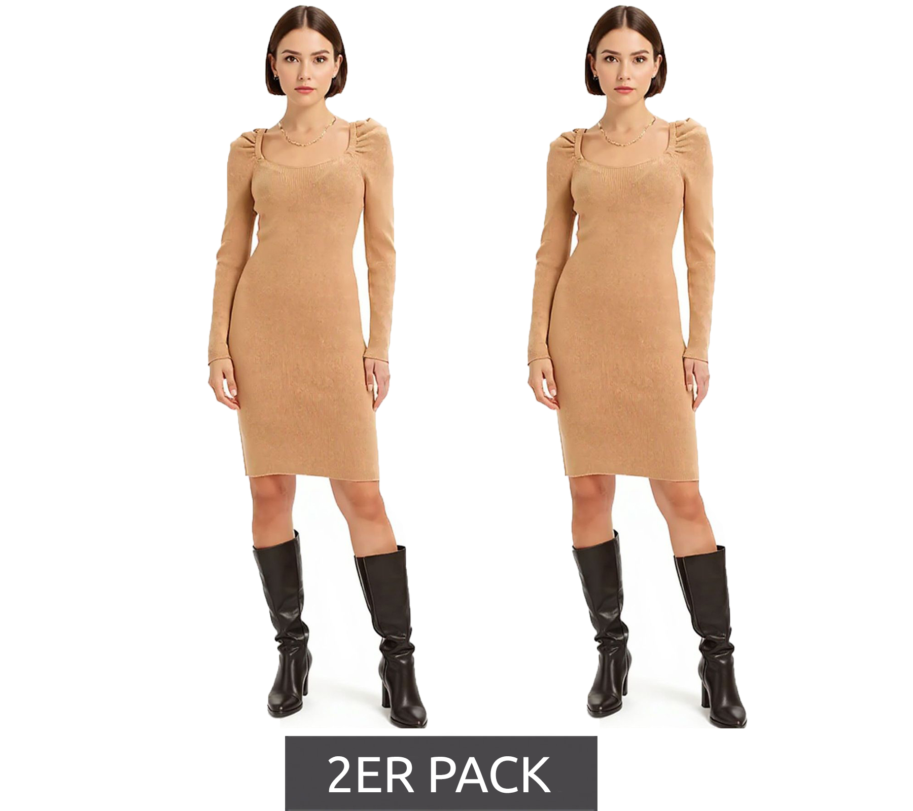 2er Sparpack Damen Ripp-Strick-Kleid mit Karree-Ausschnitt Mini-Kleid mit langen Ärmeln 921895 Braun