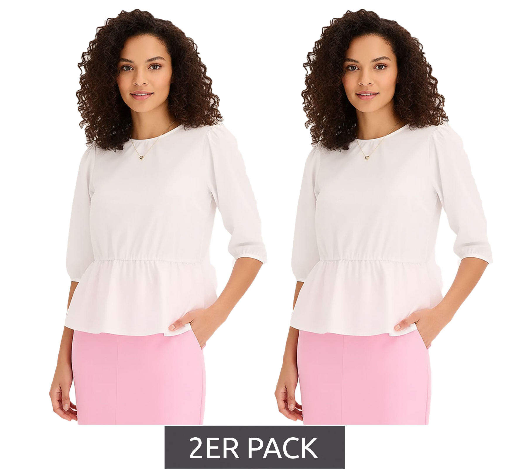 2er Sparpack Damen Sommer-Bluse Rundhals-Bluse mit 3/4 Ärmeln und Schößchensaum Baumwoll-Bluse 920934 Weiß