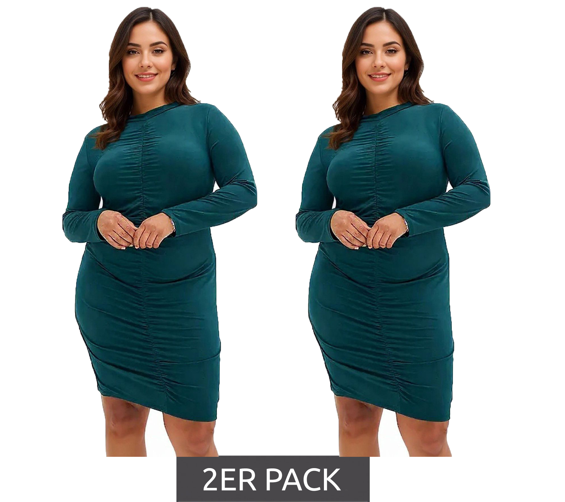 2er Sparpack Damen Sommer-Kleid gerafftes Jersey-Kleid enganliegendes Langarm-Kleid 935347 Grün
