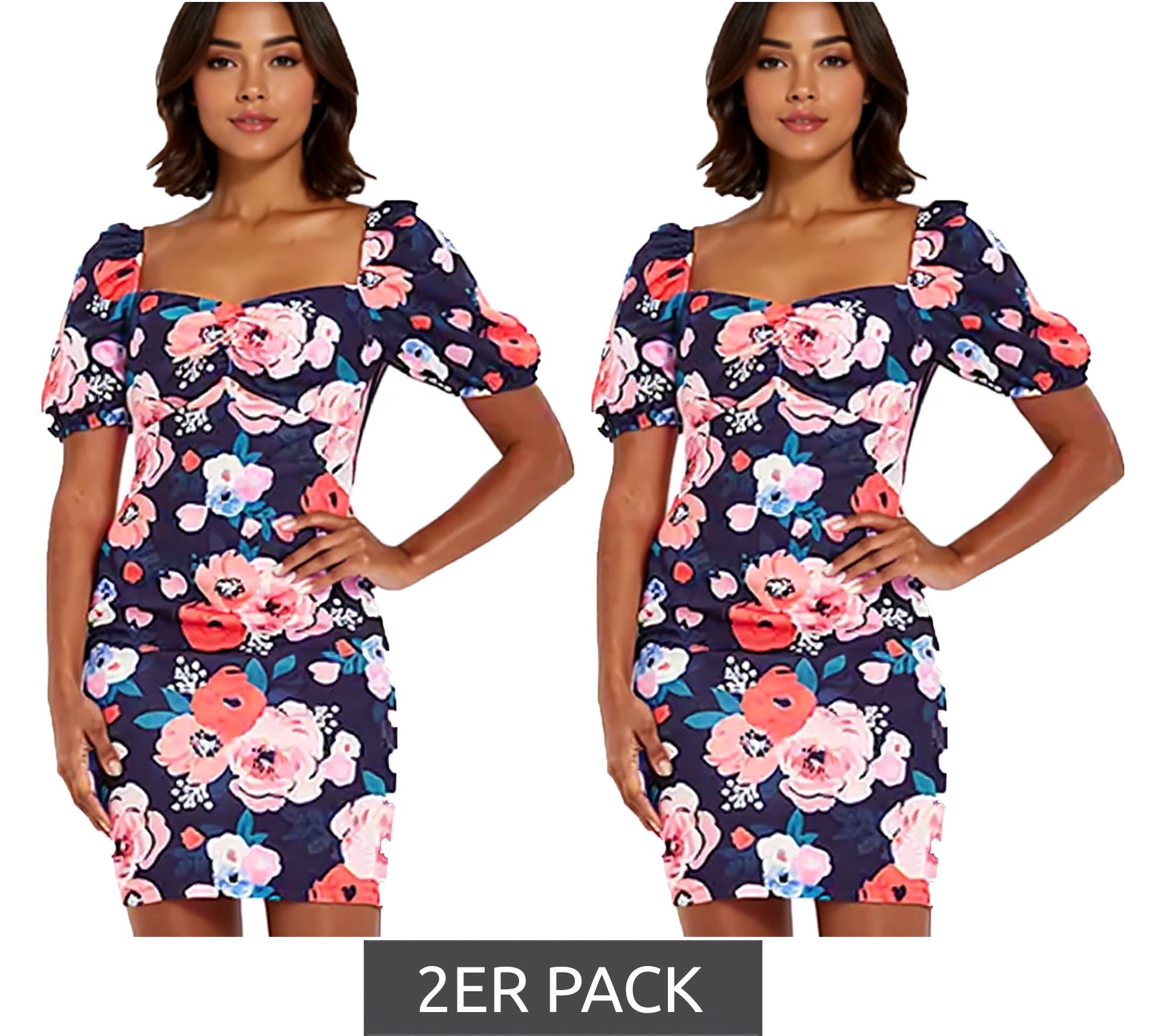 2er Sparpack Damen Sommer-Kleid mit floralem Allover-Print Mini-Kleid mit Puff-Ärmeln Freizeit-Kleid 931070 Blau/Bunt