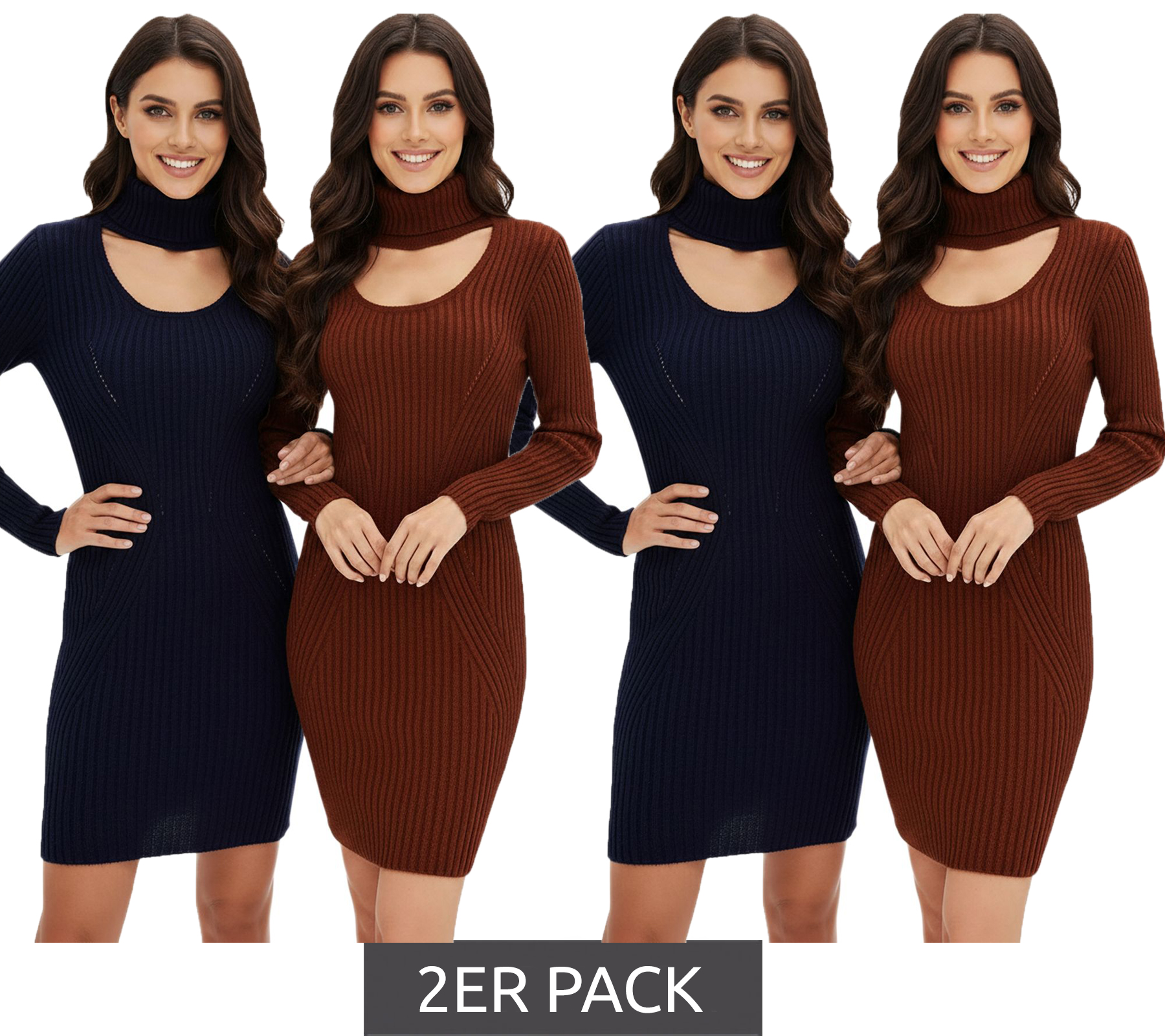 2er Sparpack Damen Strick-Kleid Mini-Kleid mit Rollkragen und Ausschnittdetails Langarm-Kleid in Mahagoni-Braun oder Dunkel-Blau