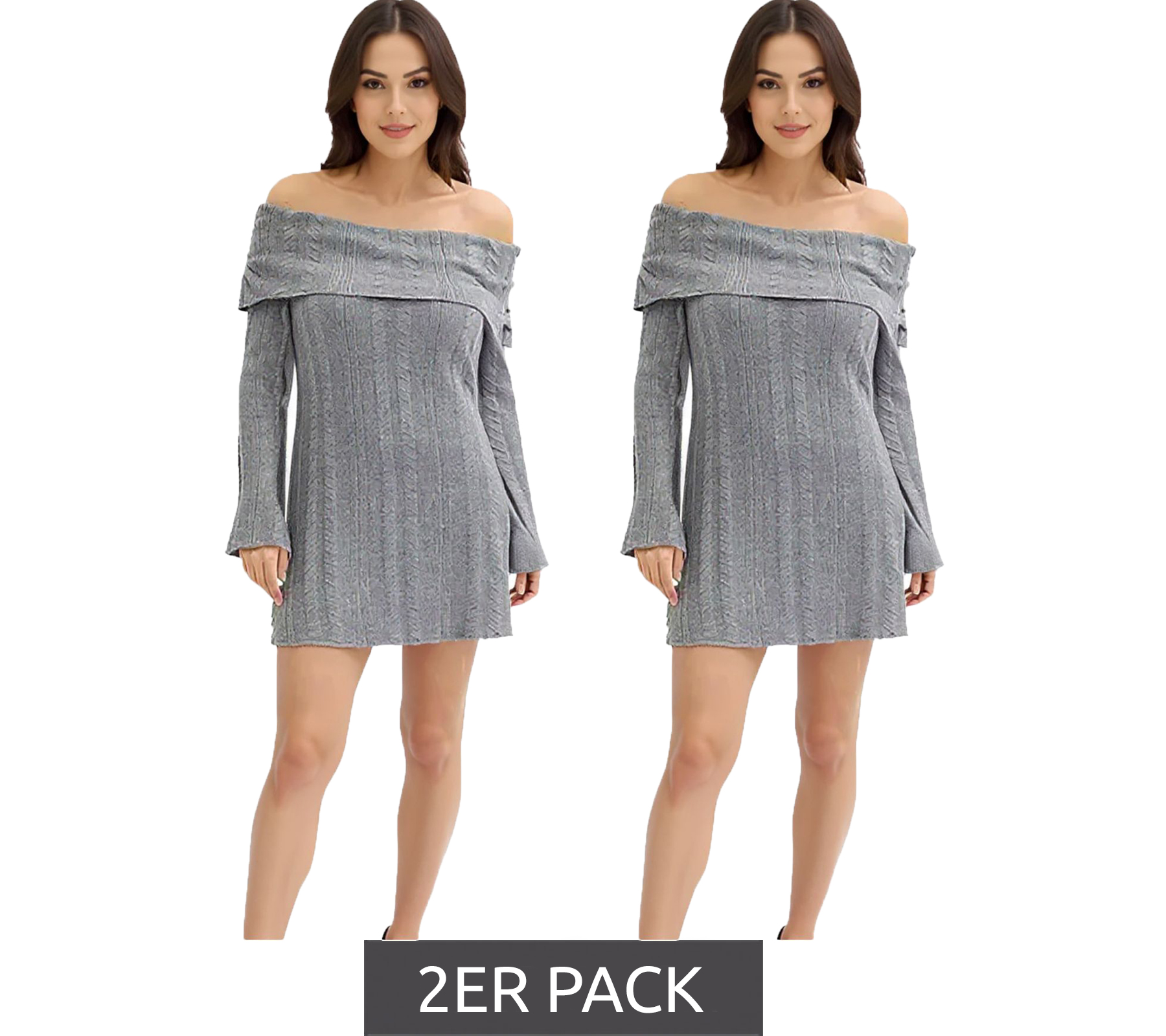 2er Sparpack Damen Strick-Kleid mit Bardot-Ausschnitt Mini-Kleid Schulterfrei 912333 Grau