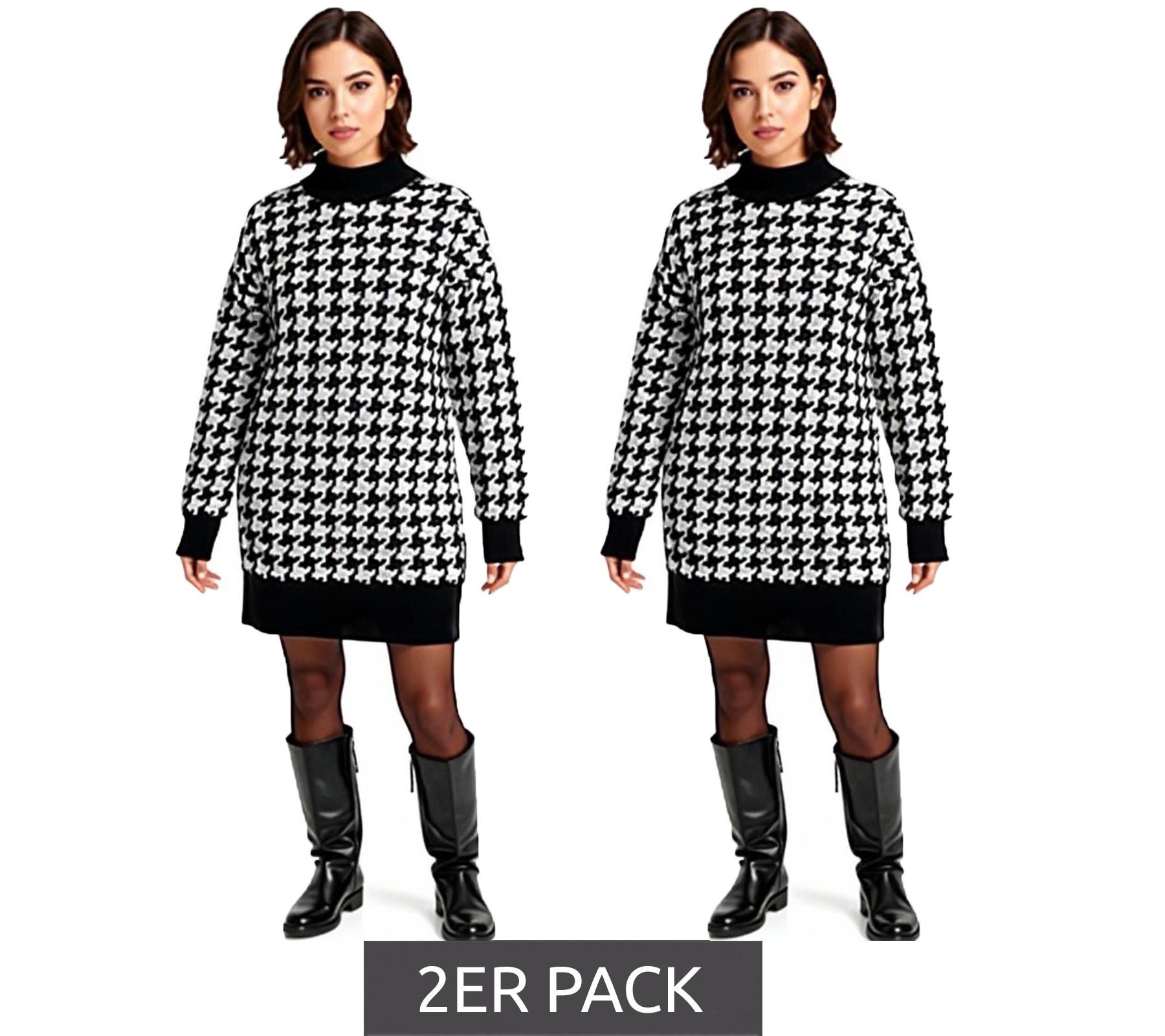 2er Sparpack Damen Strick-Kleid mit Hahnentritt-Muster Mini-Kleid mit langen Ärmeln und Stehkragen 914658 Schwarz/Weiß