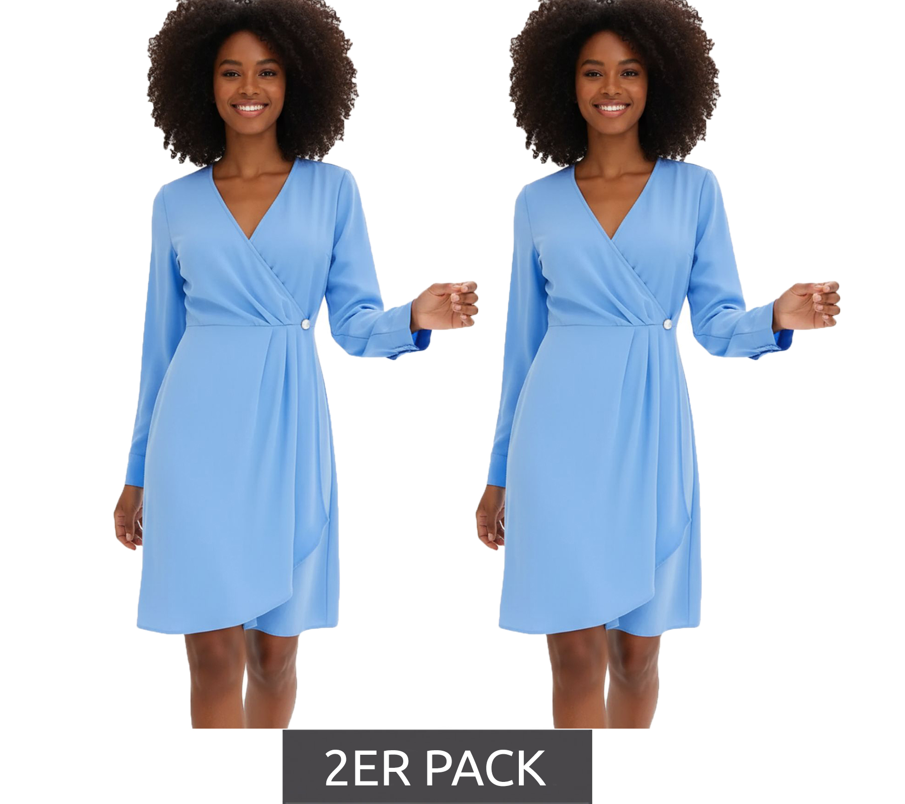 2er Sparpack Damen Wickel-Kleid mit Hemd-Kragen Midi-Kleid 967439 Blau