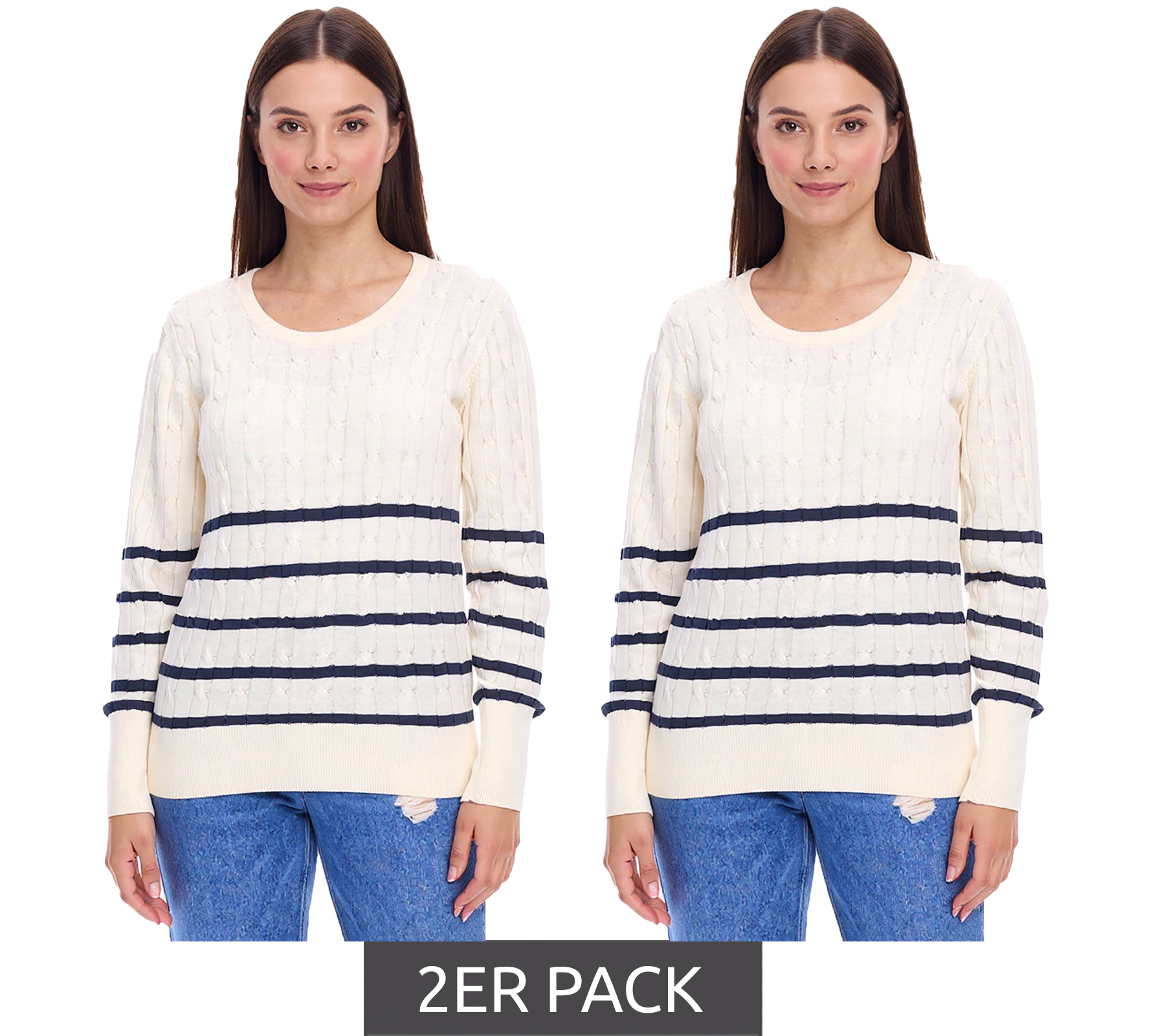 2er Sparpack DELMAO Damen Strick-Pullover gestreifter Baumwoll-Pulli Zopfstrick 94622740 Wollweiß/Navy