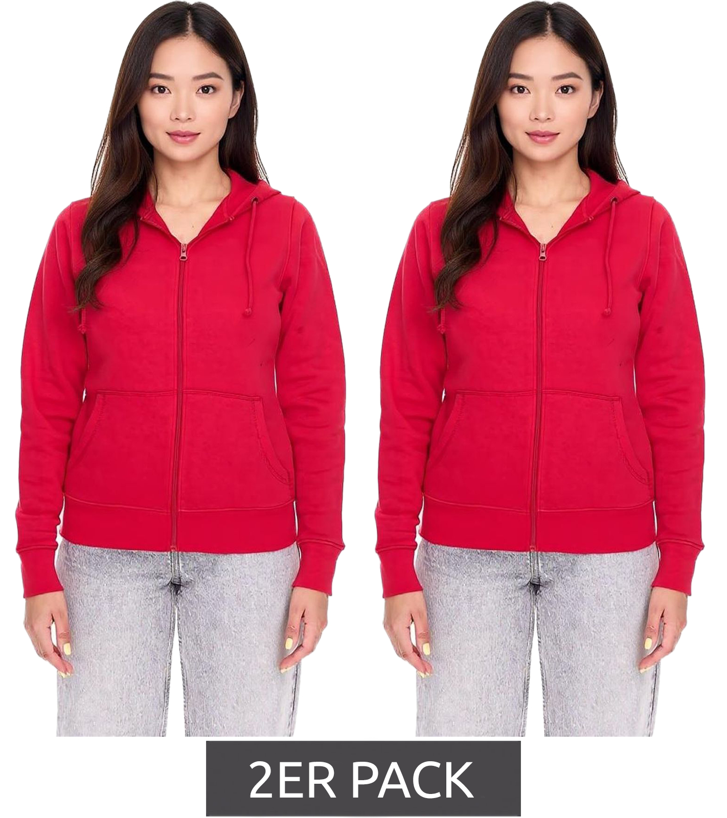 2er Sparpack ELEVATE Theron Damen Sweat-Jacke mit 240 g/m2 Baumwoll-Sweater Kapuzen-Pullover Hoodie 3823025 Rot
