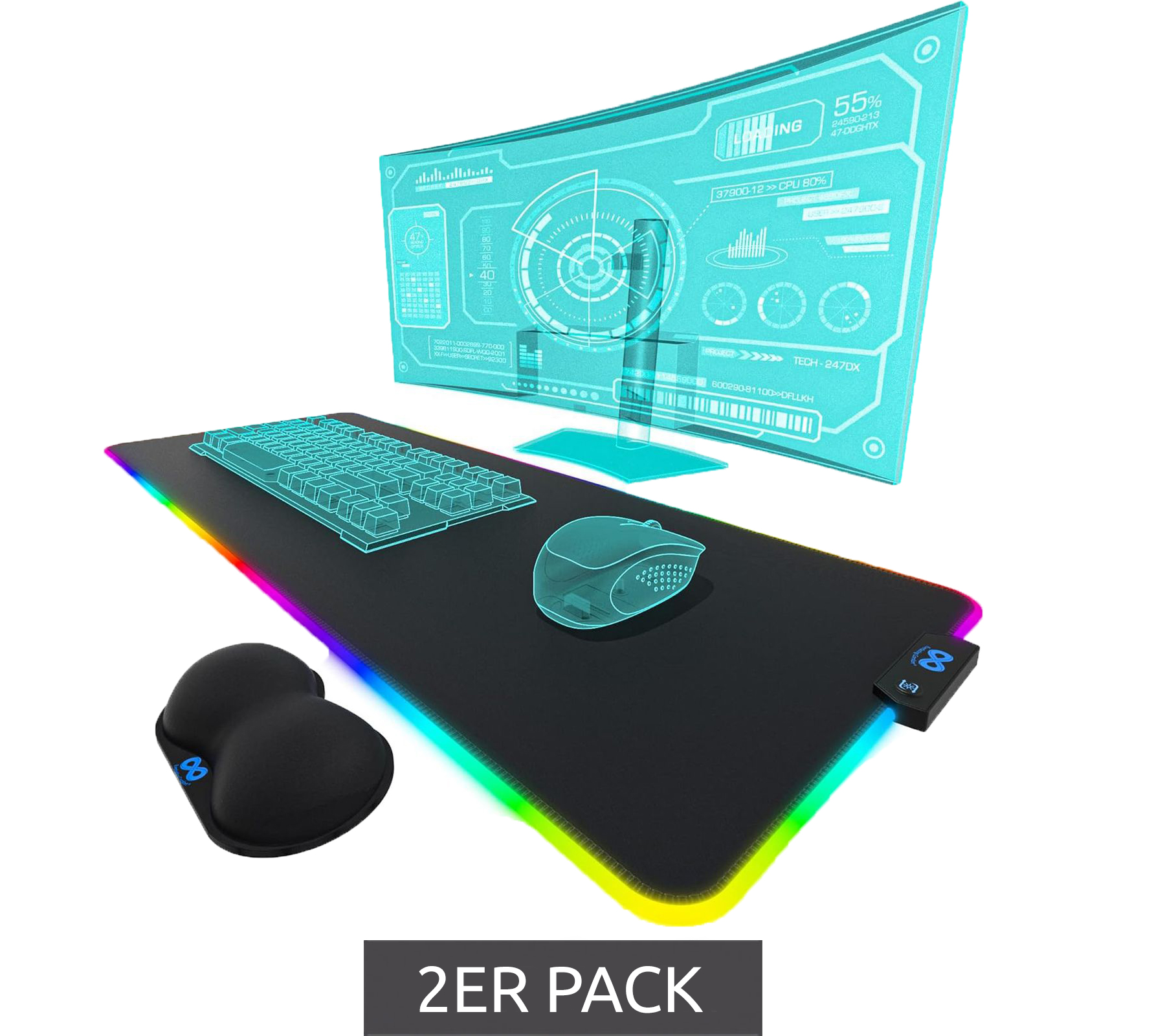 2er Sparpack Everlasting Comfort RGB Mauspad Gaming Unterlage mit LED-Beleuchtung, Handgelenkstütze und Farbwechselmodus großes Mouse-Pad 80x30cm Gaming Zubehör Schwarz