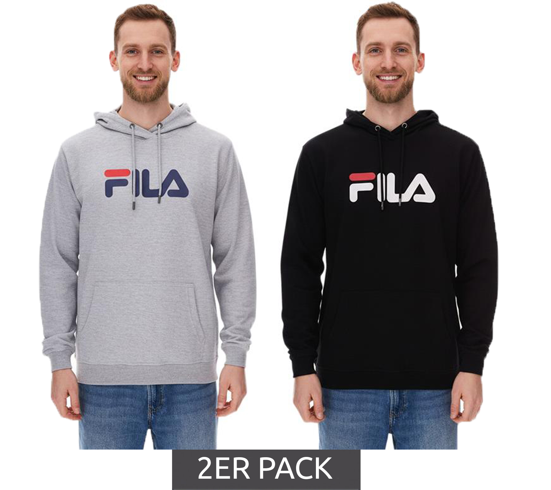 2er Sparpack FILA Barumini Hoodie Herren Kapuzen-Pullover Pulli Sweater Baumwoll-Sweatshirt FAU0068 Schwarz oder Grau