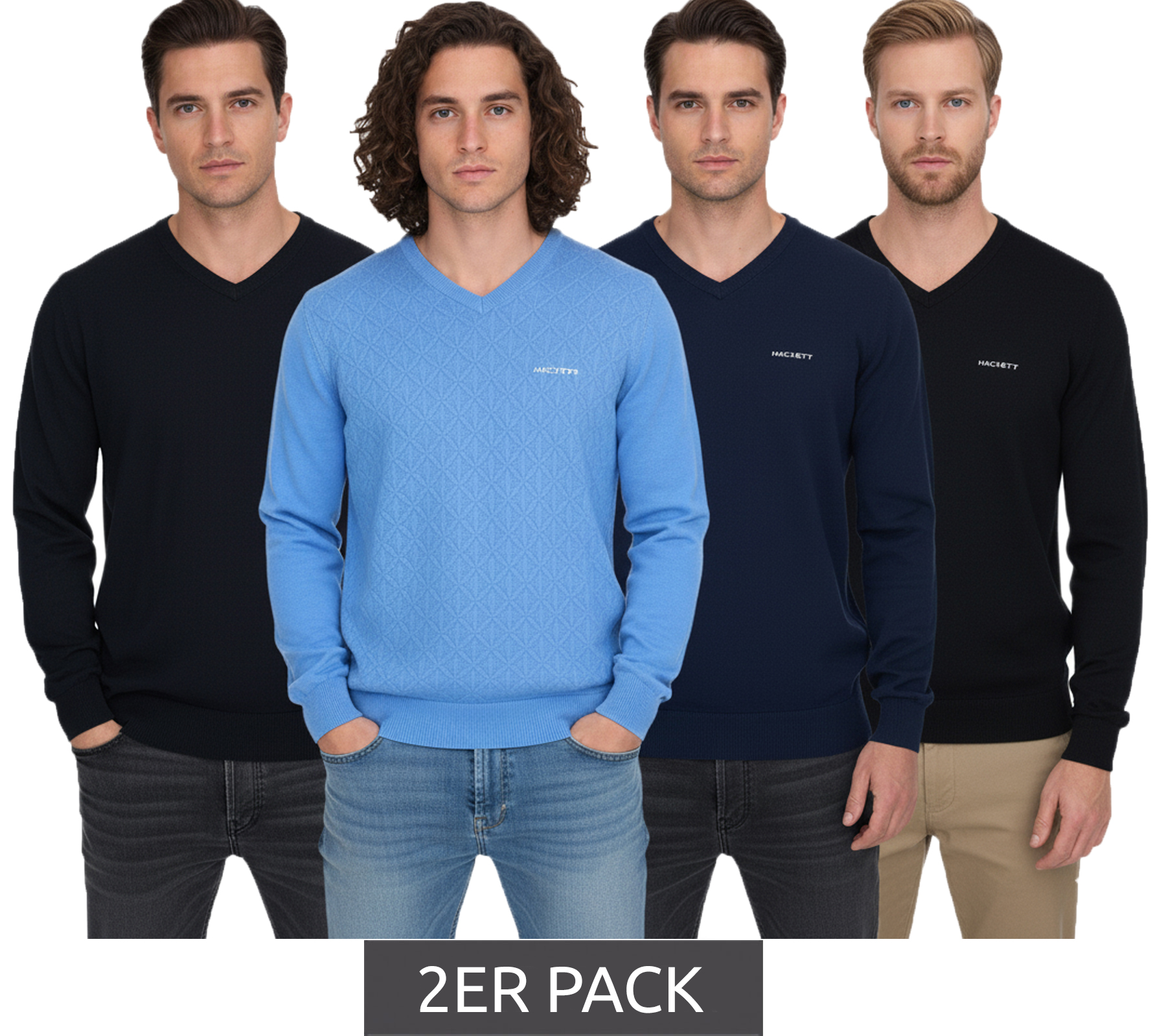 2er Sparpack HACKETT LONDON GOLF Herren Baumwoll-Pullover Strick-Pullover mit V-Ausschnitt Langarm-Shirt HMX500D Schwarz, Blau oder Dunkelblau