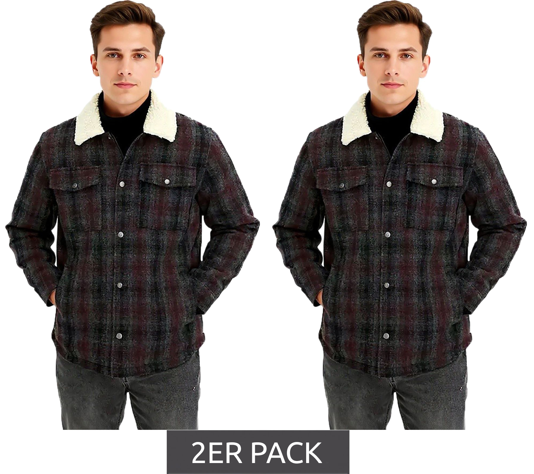 2er Sparpack Herren Hemd-Jacke Kunstfelljacke im Karo-Muster modisches Langarm-Hemd 957592 Schwarz/Grau/Rot