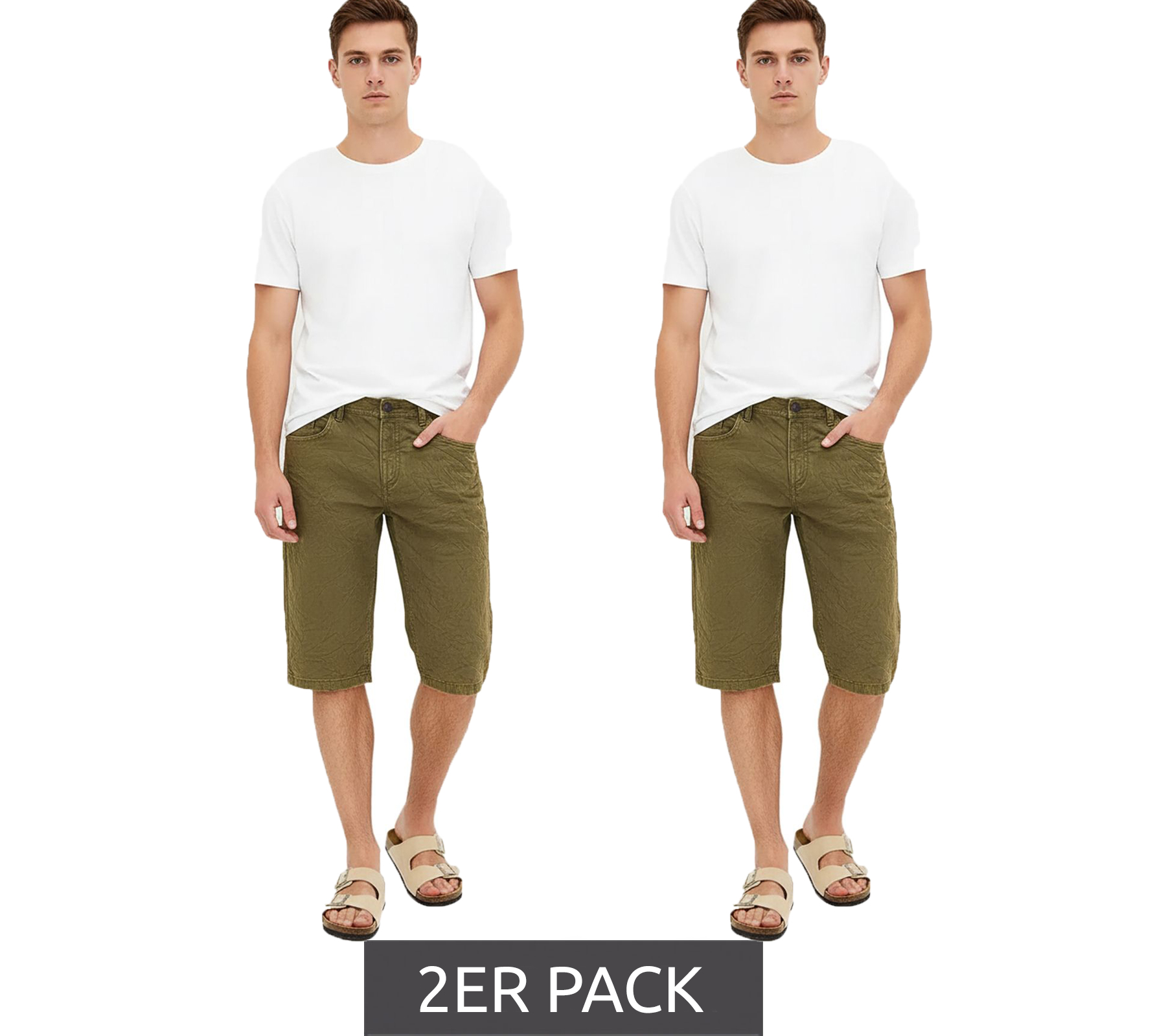 2er Sparpack Herren Long-Jeans-Bermuda Baumwoll-Hose im Vintage-Look kurze Hose 903459 Oliv-Grün