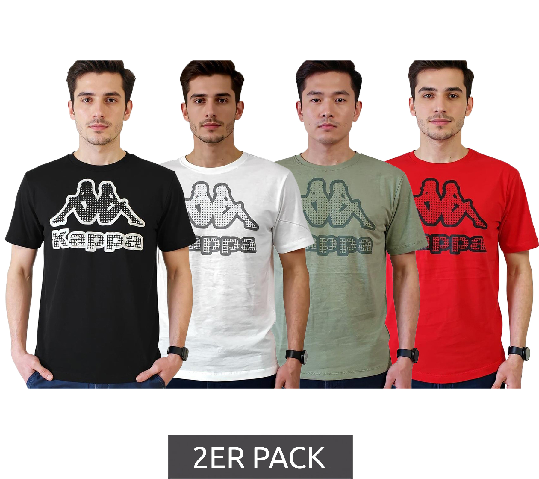 2er Sparpack Kappa Herren Baumwoll-Shirt mit großem Logo Rundhals-Shirt Kurzarm-Shirt T-Shirt Oeko-Tex 100 zertifiziert 7085/8191 Schwarz, Grün, Weiß oder Rot