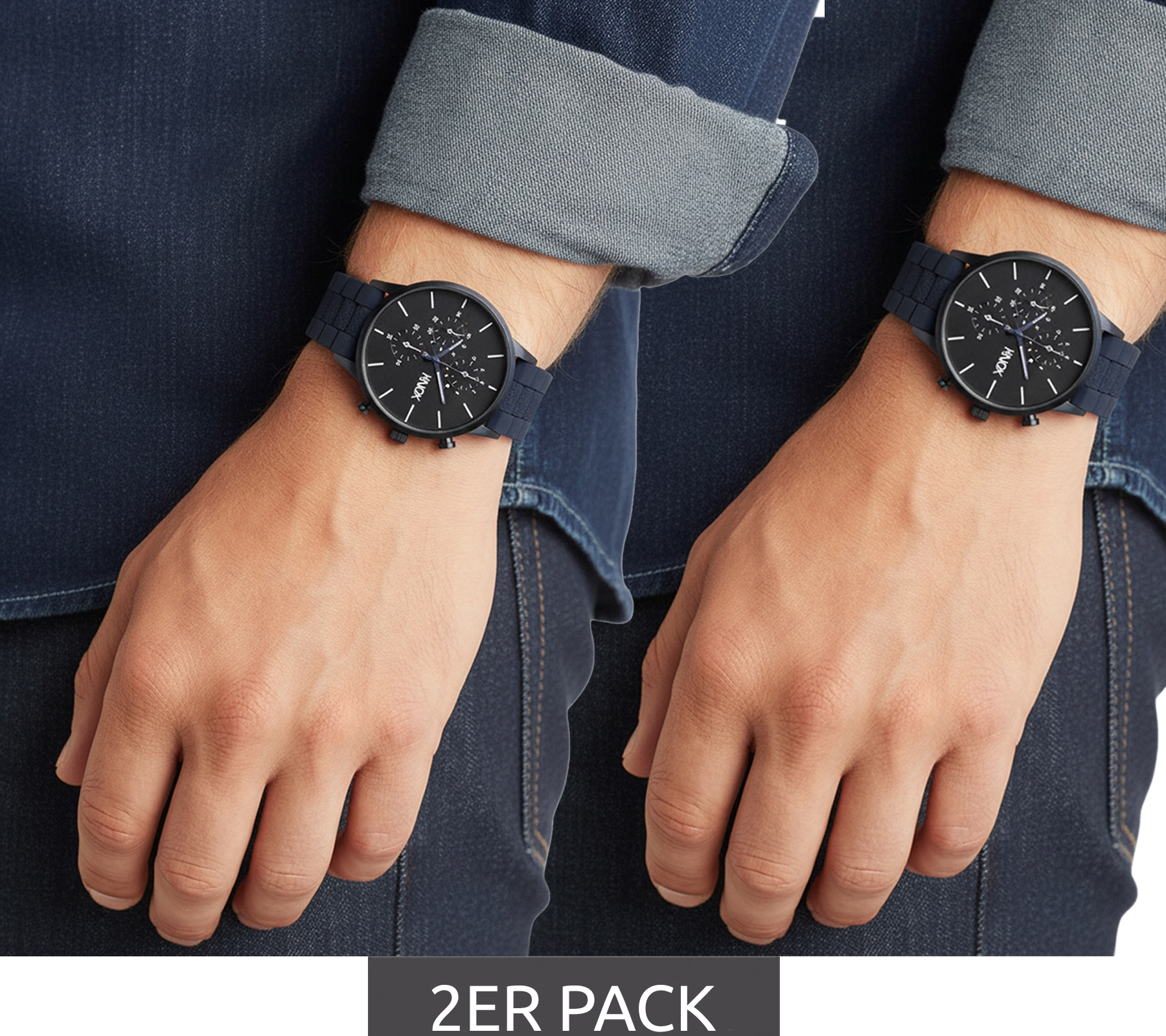 2er Sparpack KNOX Herren Armband-Uhr analoge Quarz-Uhr mit Silikon-Armband 41mm KNOX01 Navy