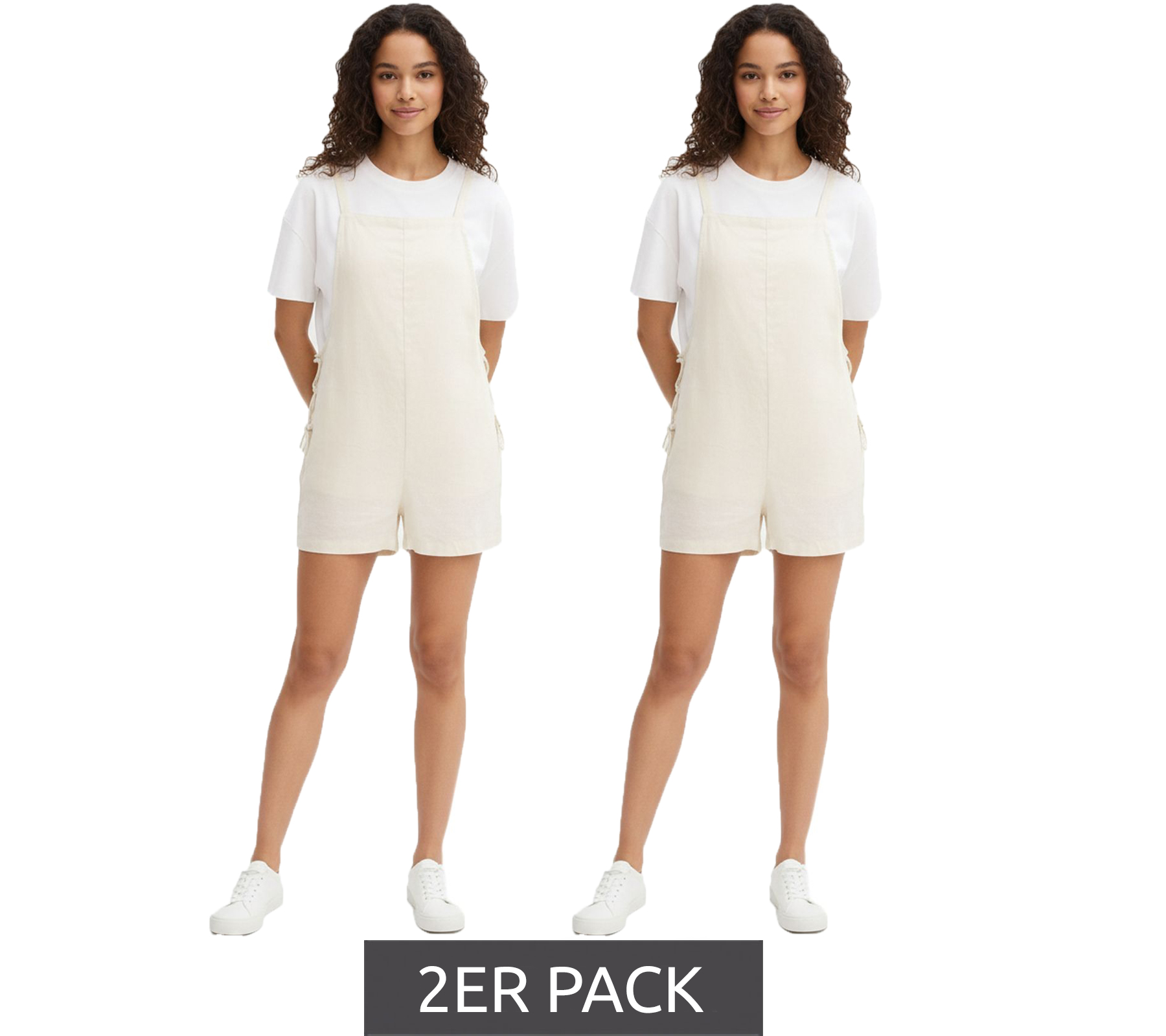 2er Sparpack kurzer Damen Jumpsuit mit Schnürungen aus luftigem Leinen-Mix Sommer-Anzug 959903 Beige