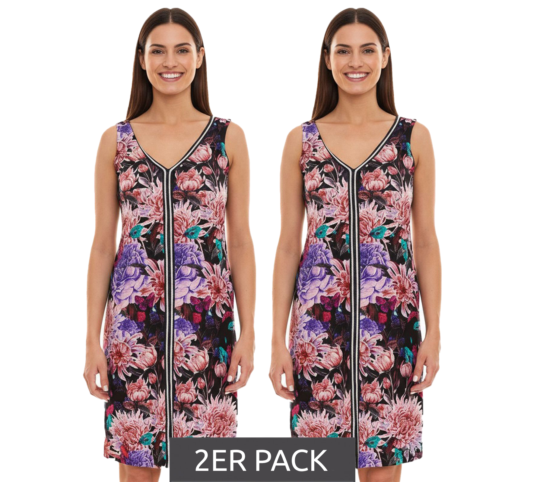 2er Sparpack melrose Mini-Kleid ärmelloses Damen Sommerkleid mit Blütendruck und Glitzertape 32156535 Schwarz/Bunt