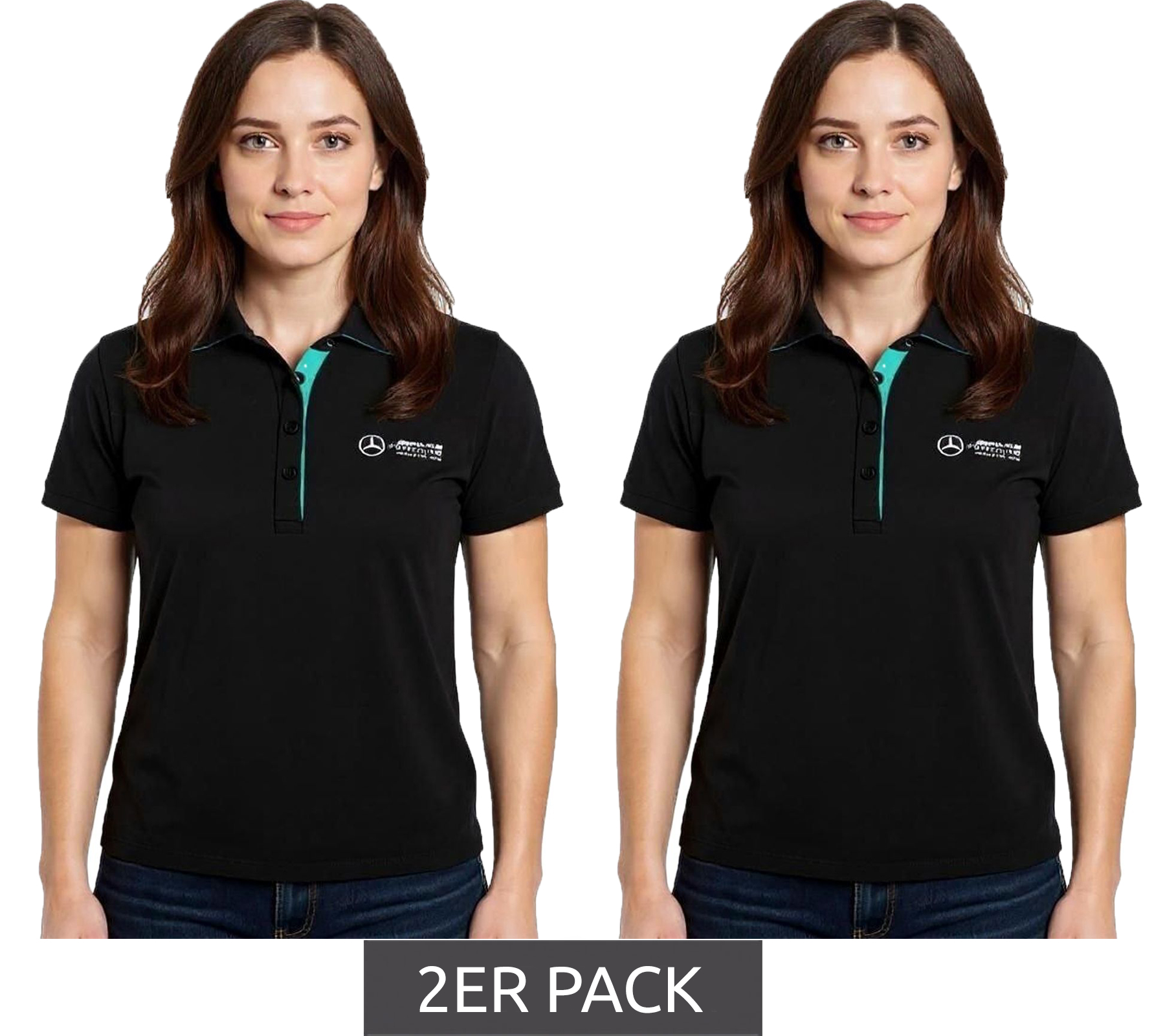 2er Sparpack Mercedes-Benz AMG Petronas F1 MAPF1 Polo Damen Baumwoll-Shirt Polo-Shirt mit Team-Logos und farblichen Akzenten Kurzarm-Shirt 701227044 001 Schwarz