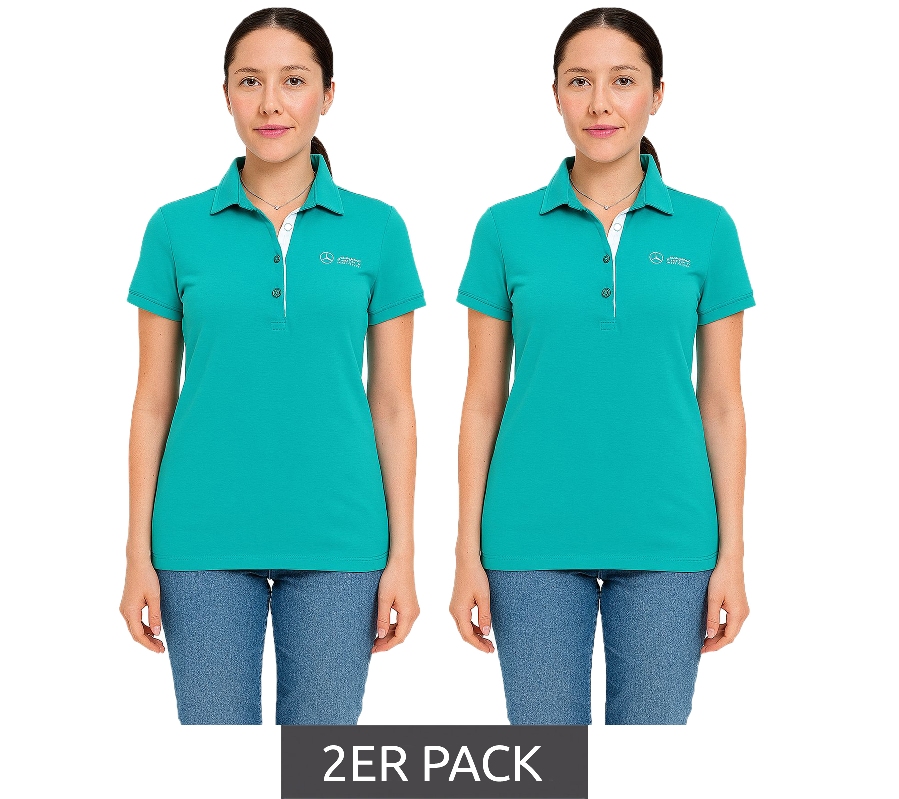 2er Sparpack Mercedes-Benz AMG Petronas F1 MAPF1 Polo Damen Baumwoll-Shirt Polo-Shirt mit Team-Logos und farblichen Akzenten Kurzarm-Shirt 701227044 002 Türkis-Grün