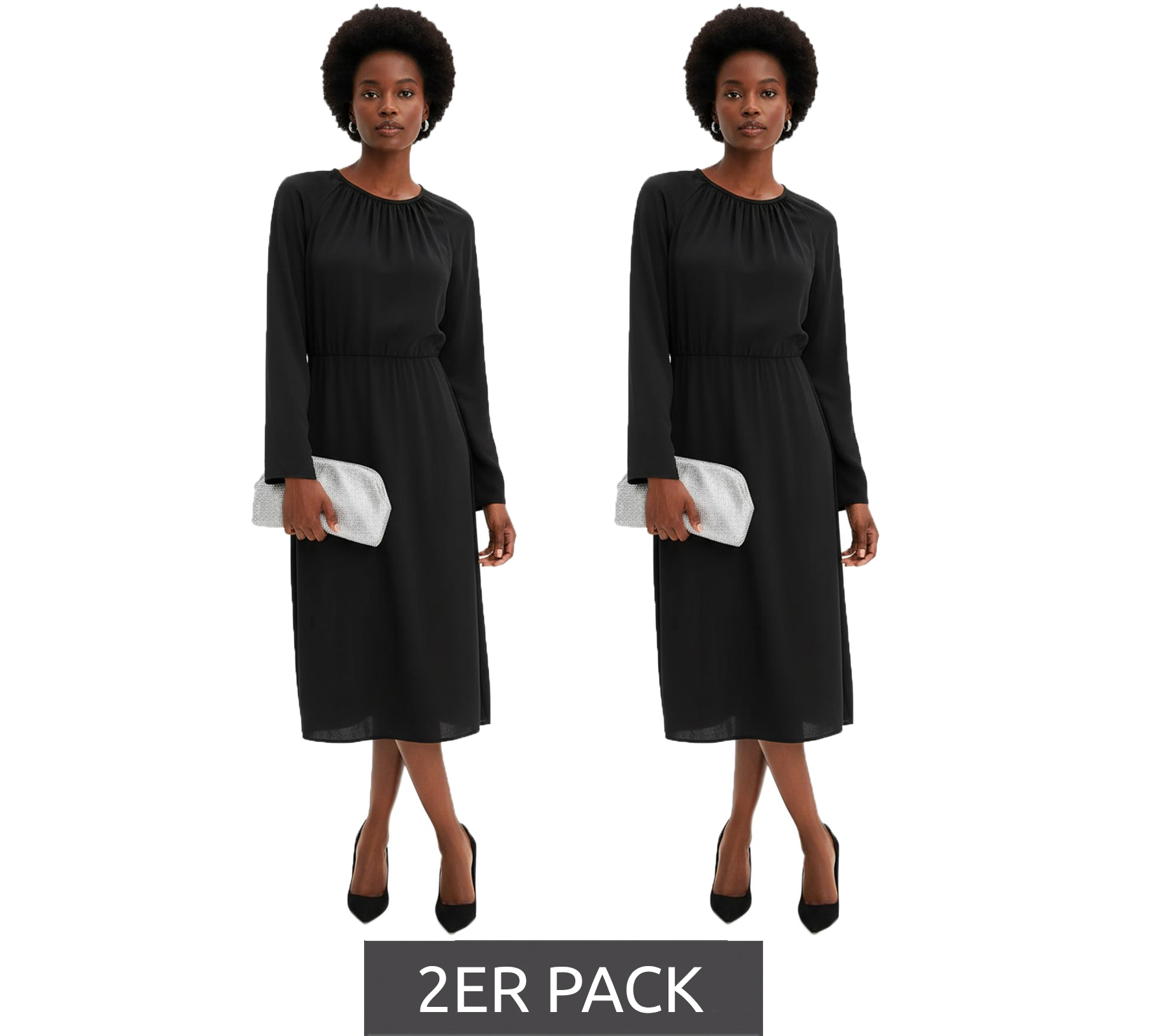 2er Sparpack minimalistisches Damen Satin-Kleid mit langen Ärmeln Maxi-Kleid 911211 Schwarz