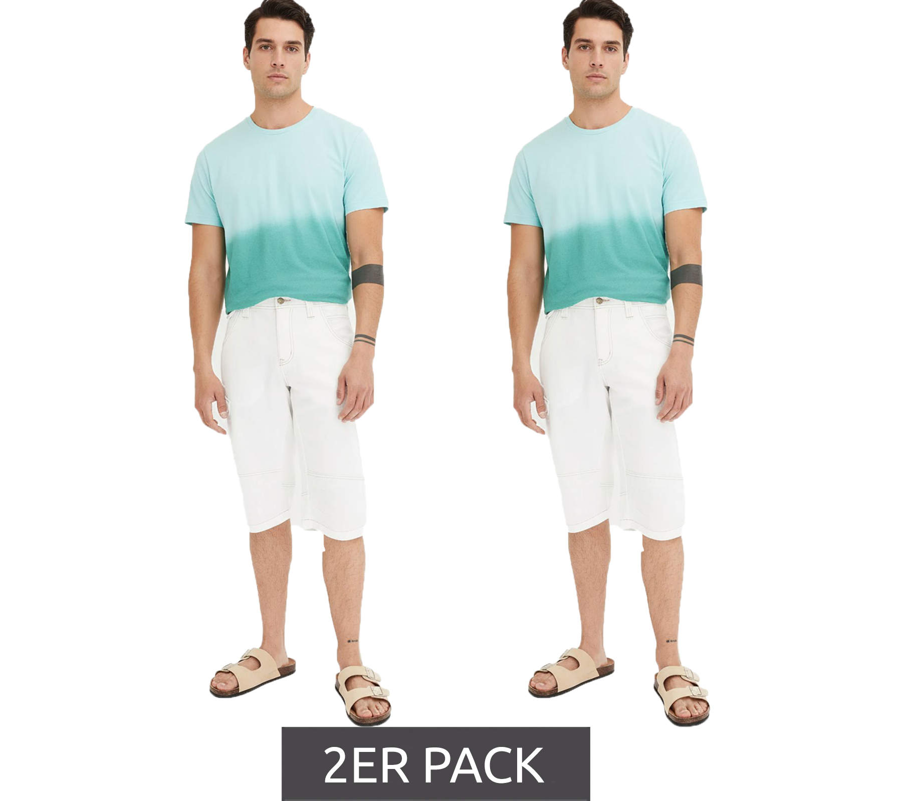 2er Sparpack modische Herren Denim-Bermudashorts mit Ziernähten Baumwoll-Hose 928796 Weiß