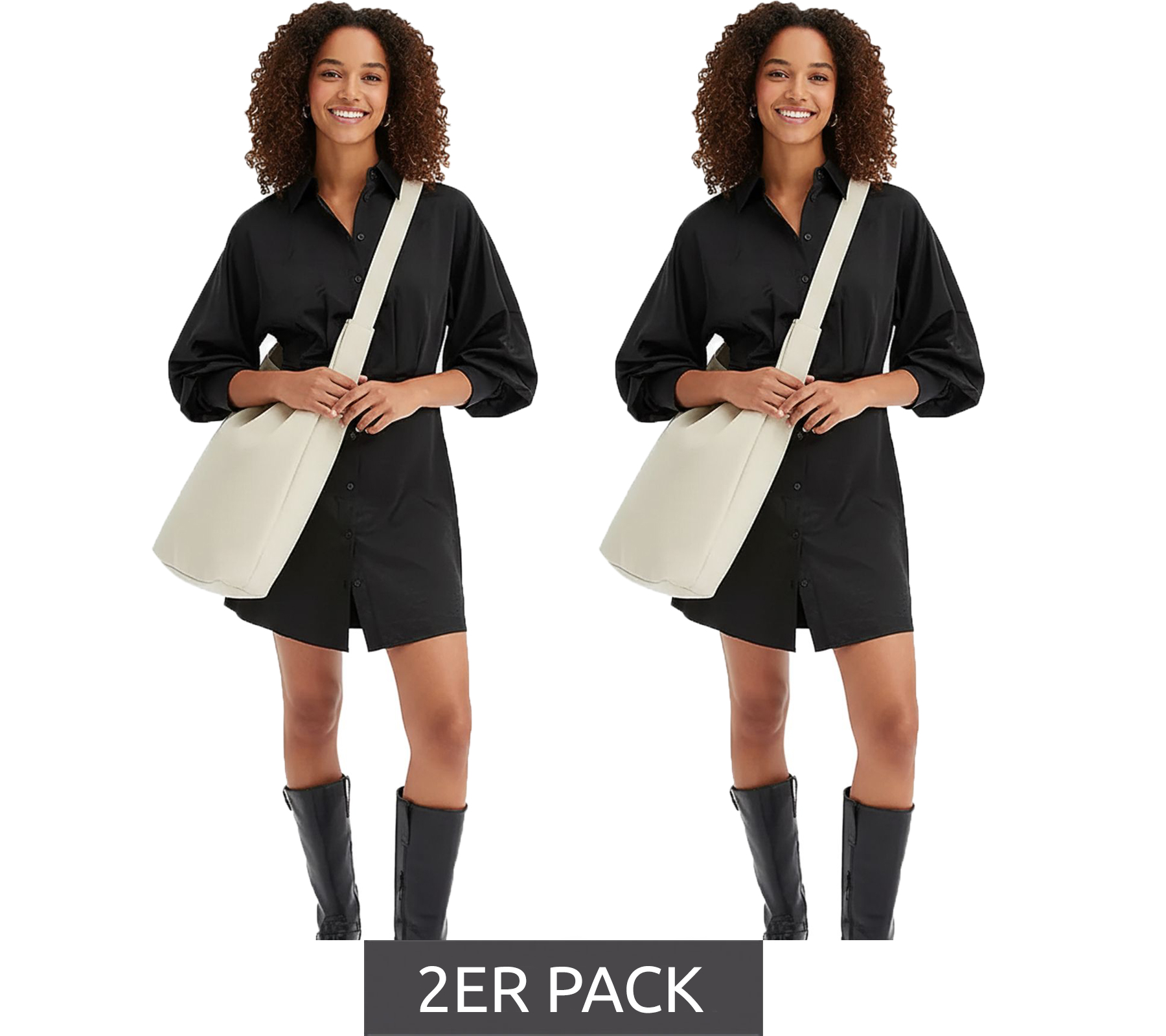 2er Sparpack modisches Damen Mini-Kleid mit Hemdkragen Langarm-Kleid 932396 Schwarz