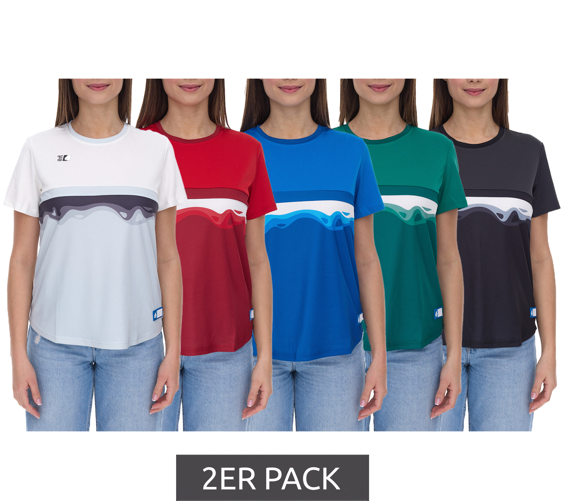 2er Sparpack Outfitter OCEAN FABRICS TAHI Damen nachhaltiges Training-Shirt mit Mesh-Einsätzen Fitness-Shirt Kurzarm-Shirt OUT-W-1021-OTW in Grün, Blau, Rot, Schwarz oder Hellblau/Weiß