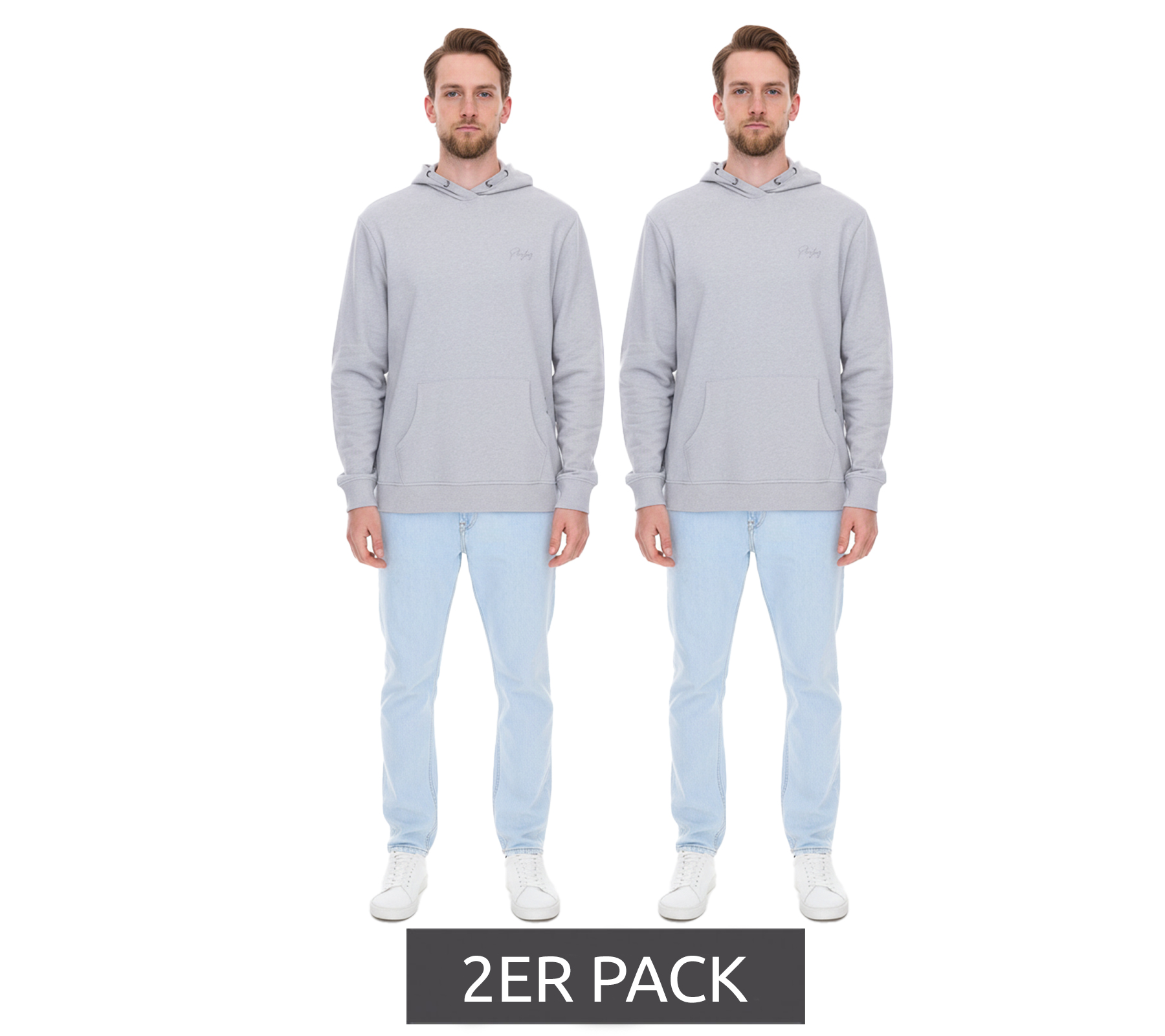 2er Sparpack PLAYBOY Herren Baumwoll-Pullover Langarm-Shirt mit Kapuze Hoodie Grau