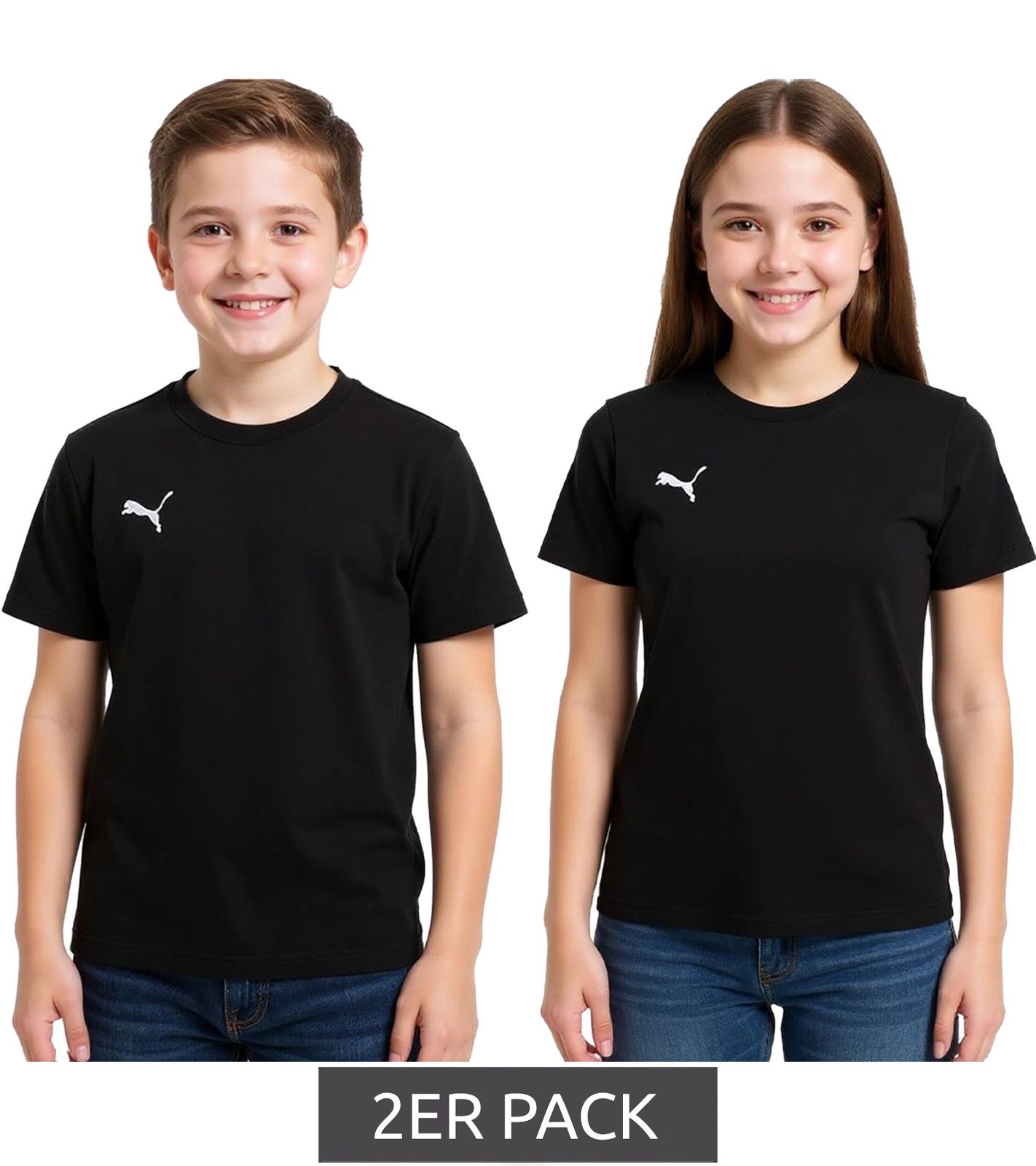 2er Sparpack PUMA TeamGoal 23 Jungen & Mädchen Sport-Shirt Baumwoll-Shirt mit Logo-Patch T-Shirt 656709 03 Schwarz