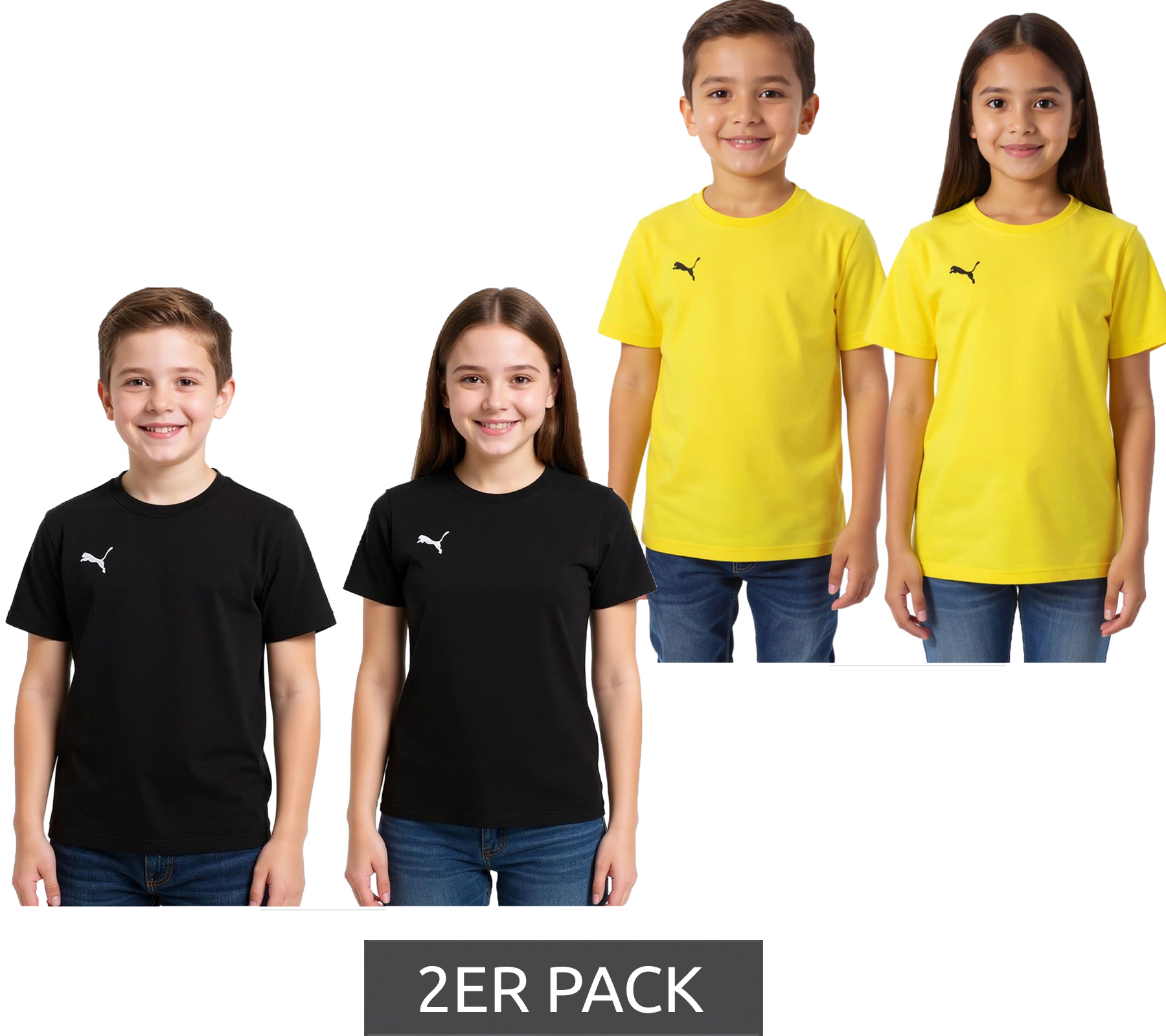 2er Sparpack PUMA TeamGoal 23 Jungen & Mädchen Sport-Shirt Baumwoll-Shirt mit Logo-Patch T-Shirt 656709 Schwarz oder Gelb