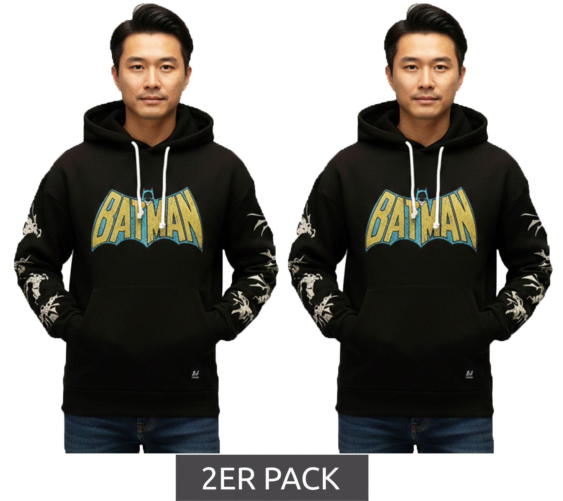 2er Sparpack RE:COVERED X DC Herren Kapuzen-Pullover mit BATMAN Logo Baumwoll-Hoody Langarm-Shirt RCWARN554 Schwarz