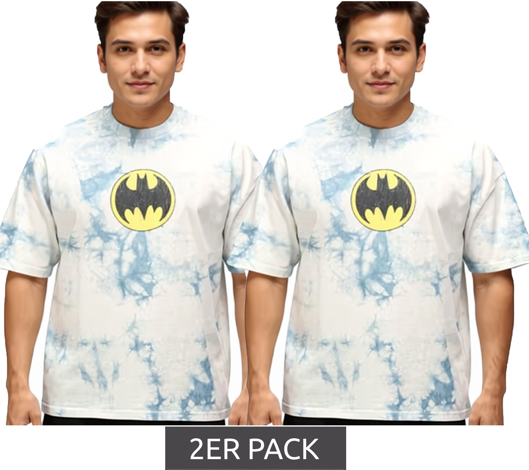2er Sparpack RE:COVERED X DC Herren T-Shirt BATMAN Split Baumwoll-Shirt im Batik-Design Rundhals-Shirt RCWARN553 Grau