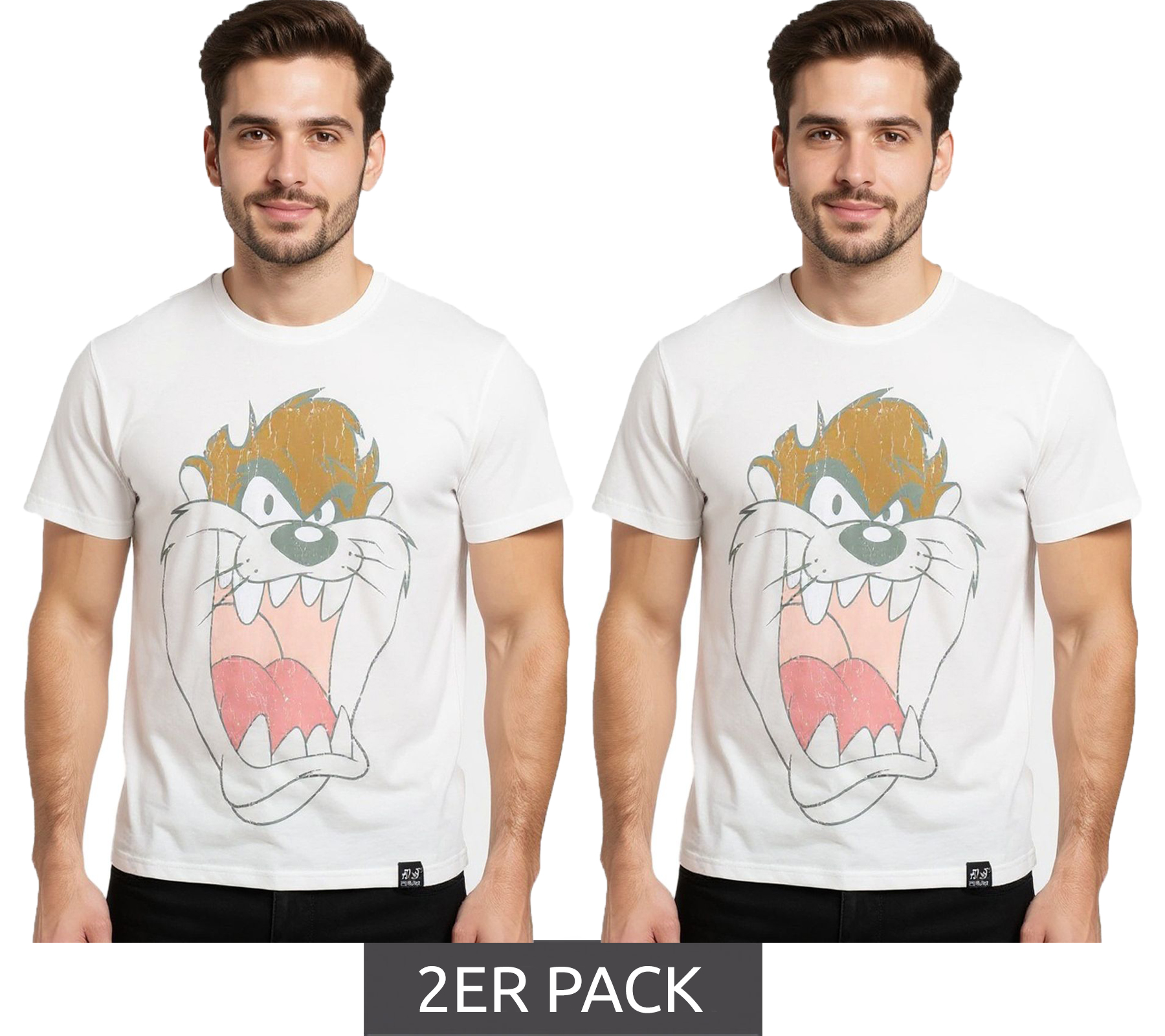2er Sparpack RE:COVERED X LOONEY TUNES Herren T-Shirt Tasmanischer Teufel Baumwoll-Shirt Rundhals-Shirt RCWARN551 Ecru-Weiß