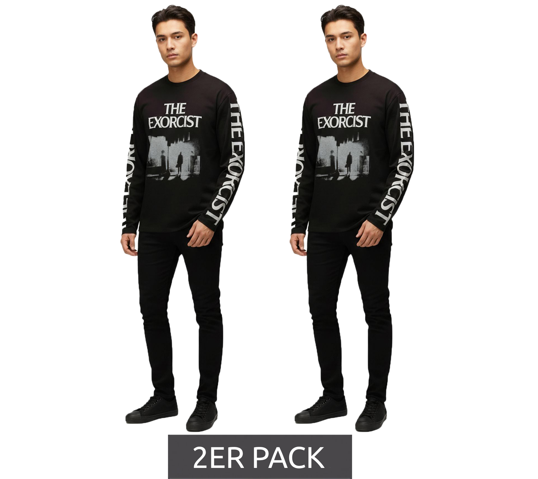 2er Sparpack RE:COVERED X THE EXORCIST FILM Herren Shirt mit Foto-Print langärmliges Baumwoll-Shirt Rundhals-Shirt RCWARN560 Schwarz