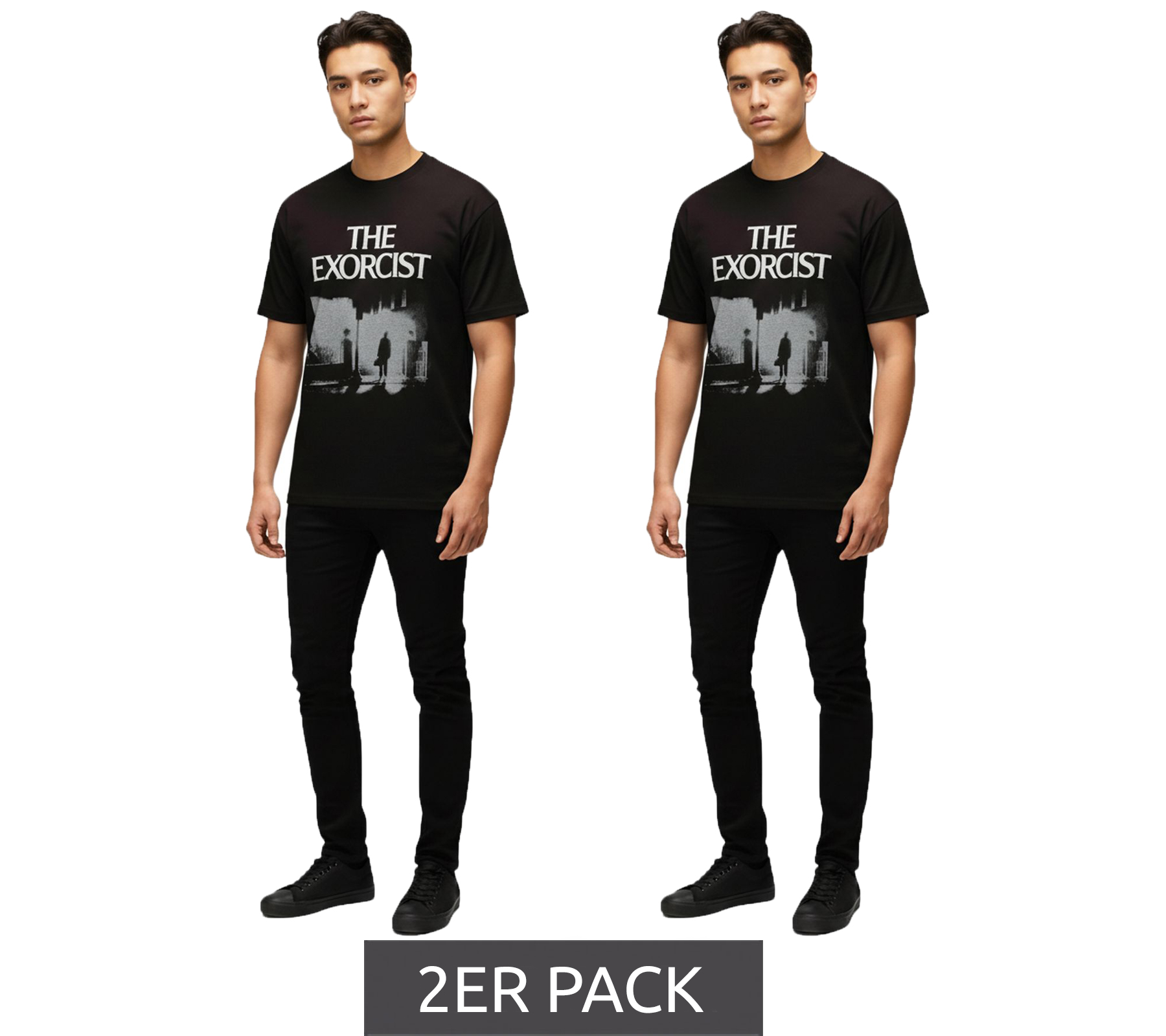 2er Sparpack RE:COVERED X THE EXORCIST FILM Herren T-Shirt mit Foto-Print Baumwoll-Shirt Rundhals-Shirt RCWARN559 Schwarz