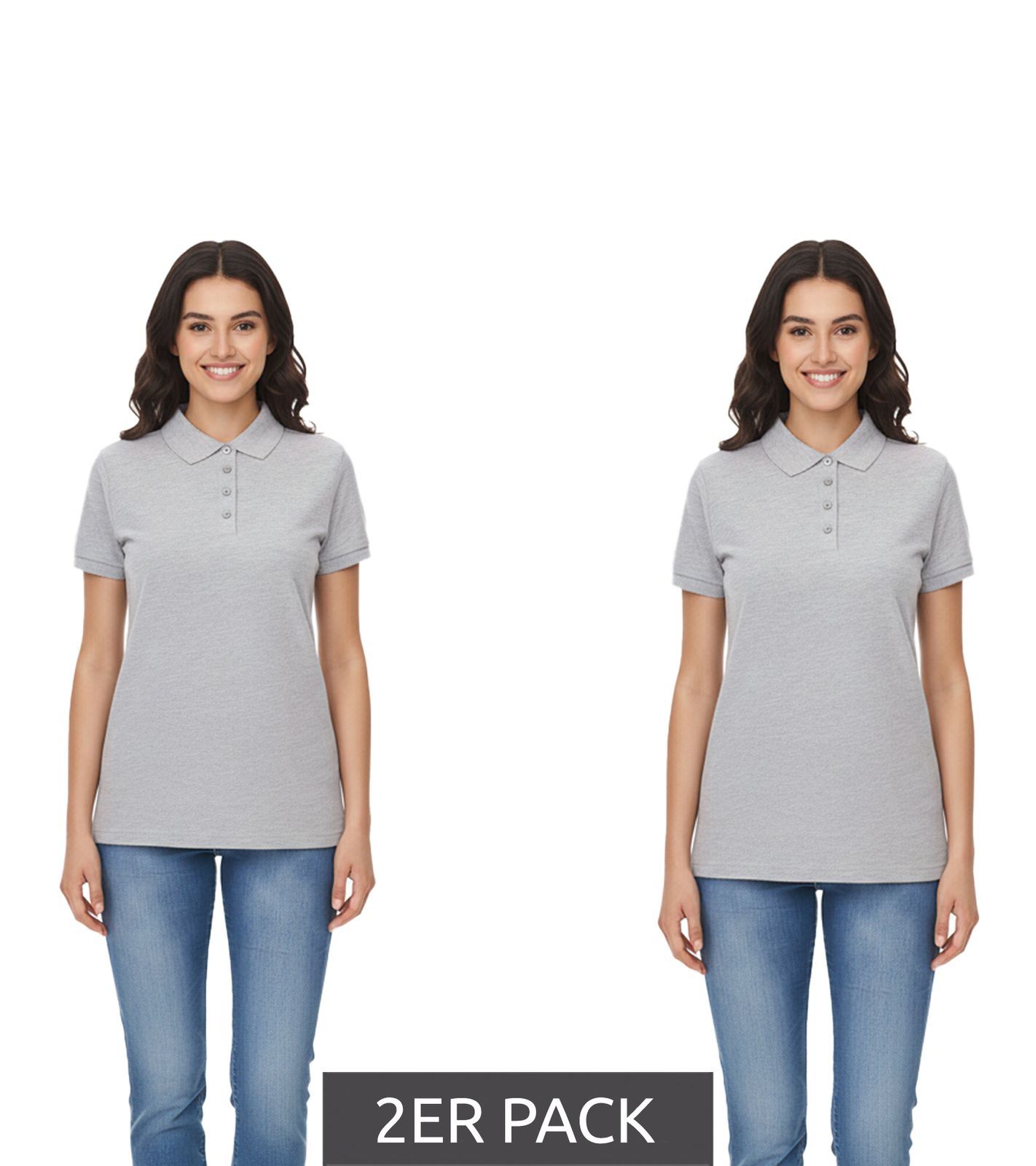 2er Sparpack SANTINO Mika Damen Polo-Shirt aus Bio-Baumwolle Polo-Hemd mit 4er Knopfleiste Kurzarm-Shirt meliert 210 gr/m2 Grau