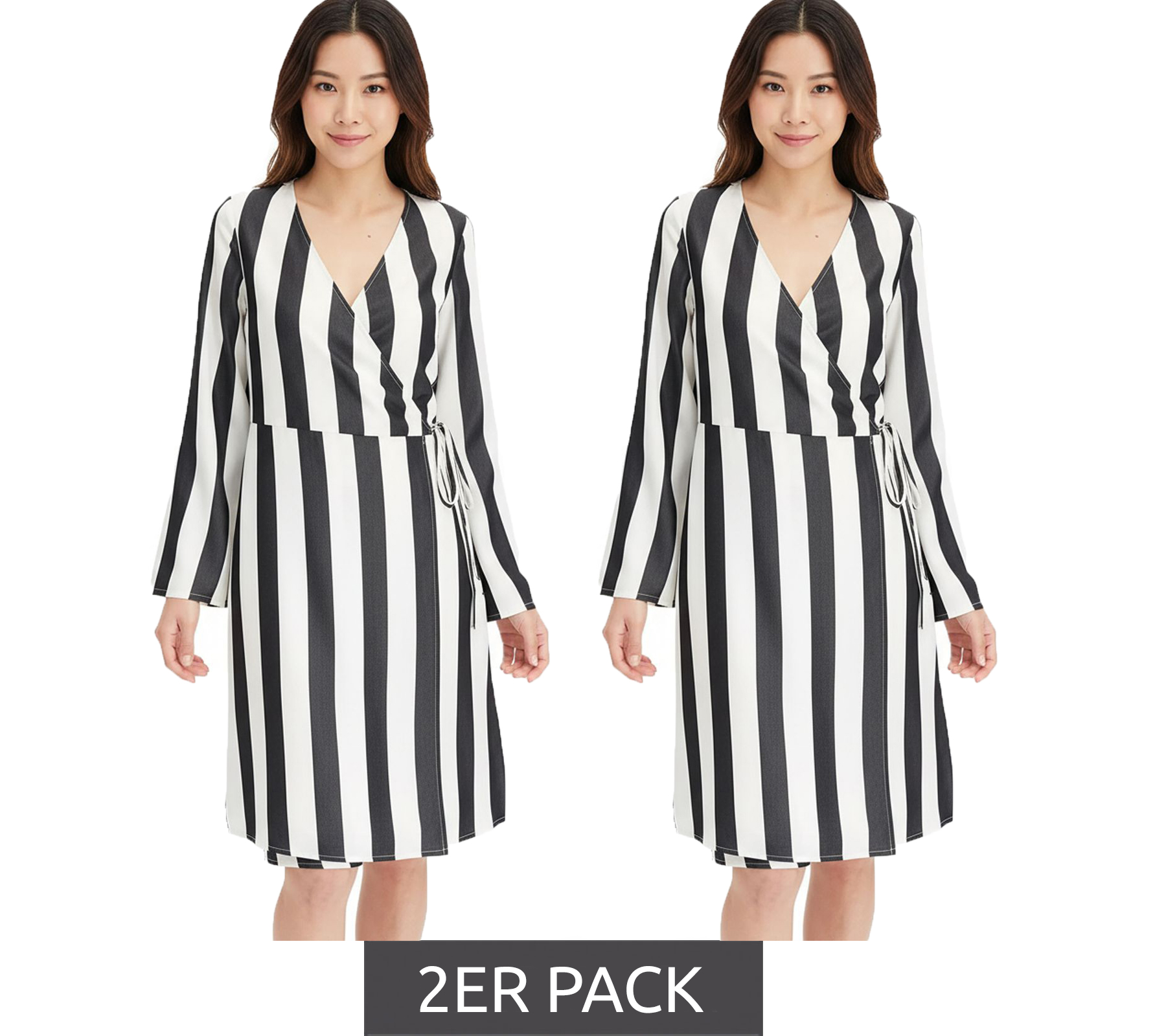 2er Sparpack schönes Streifenkleid für Damen Wickel-Kleid mit V-Ausschnitt Mini-Kleid 978829 Schwarz/Weiß