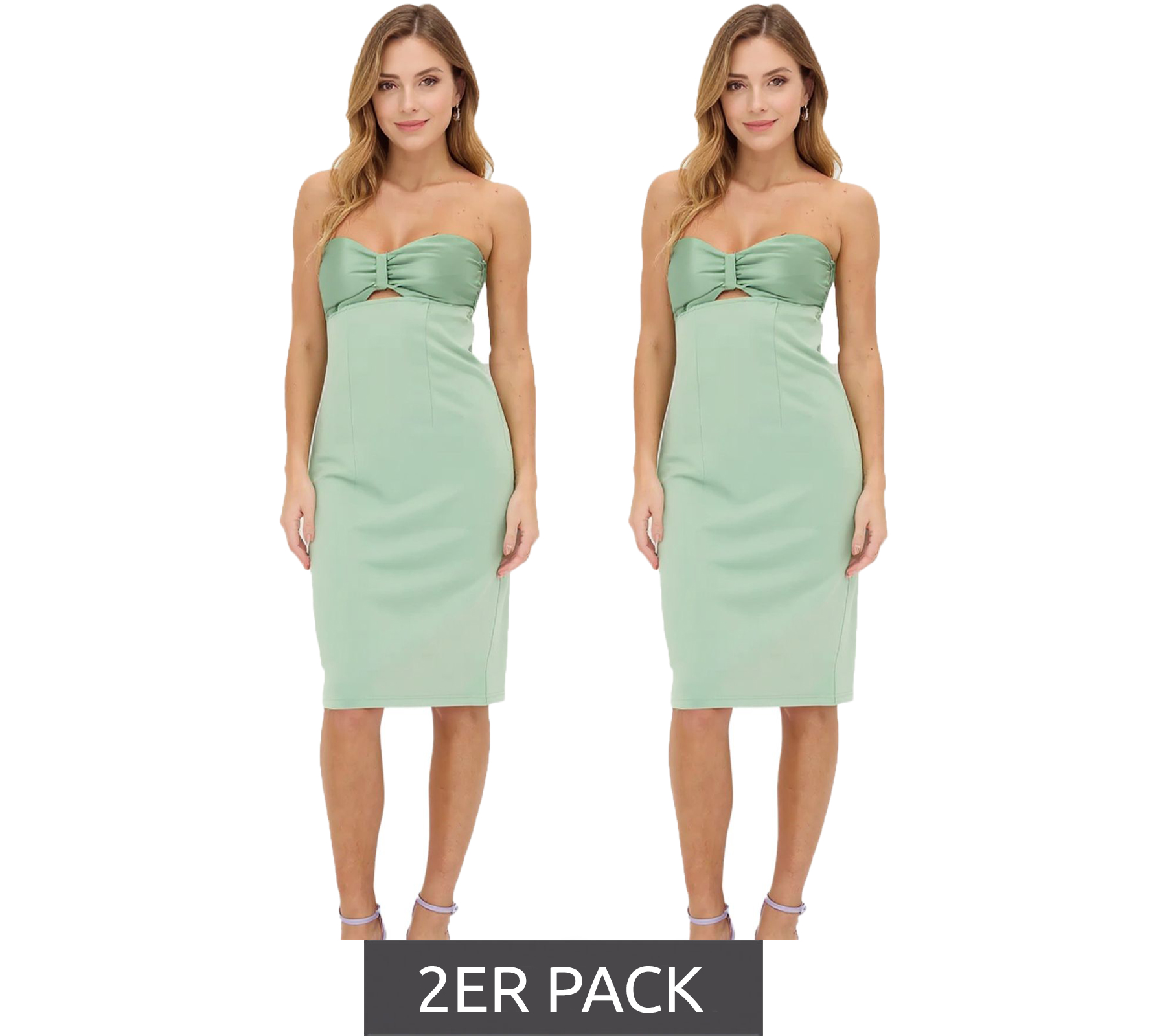 2er Sparpack schulterfreies Damen Mini-Kleid schmal geschnittenes Bandeau-Kleid mit Cut Outs 941431 Grün