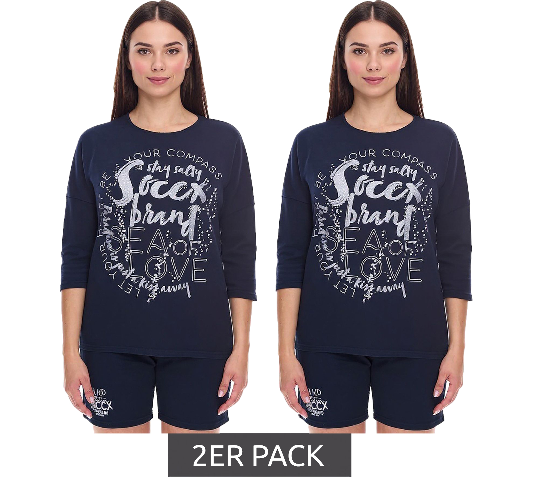 2er Sparpack SOCCX by Carina Damen Oversized Sweatshirt mit Rundhals-Ausschnitt Alltags-Pulli SCU-2100-3772 Blau