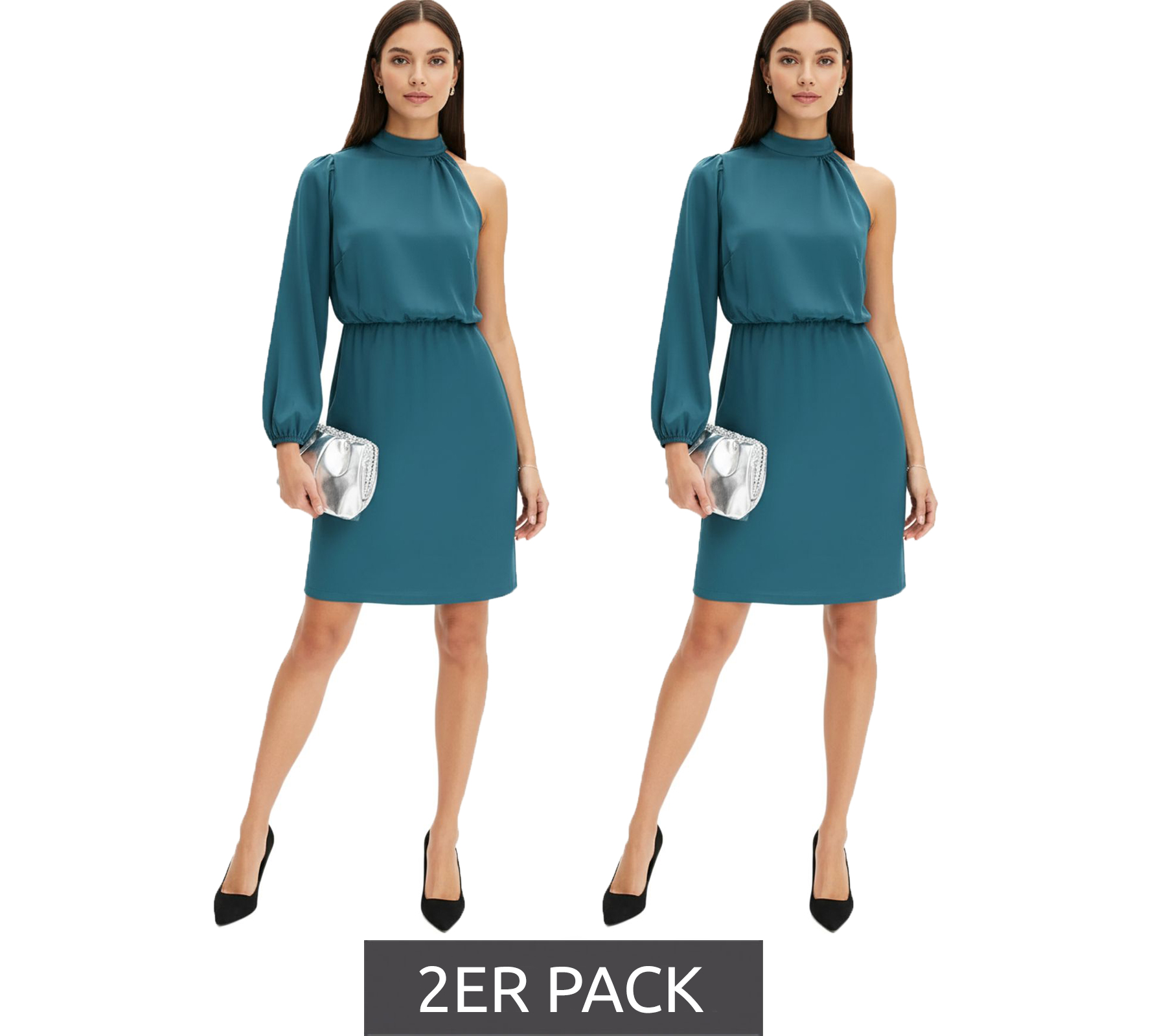 2er Sparpack Stilvolles Damen One-Shoulder-Kleid aus glänzendem Satin Midi-Kleid 925469 Grün
