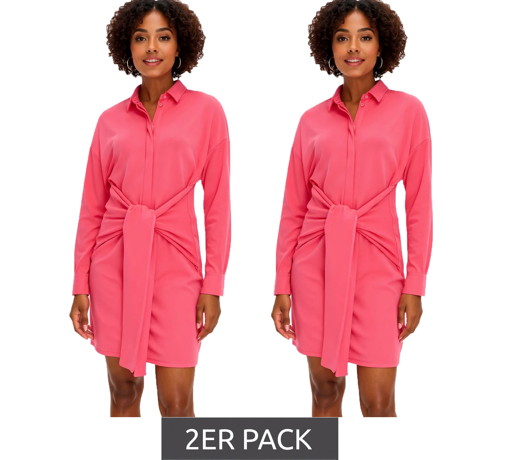 2er Sparpack stylisches Damen Mini-Kleid Sommer-Kleid mit Hemdkragen und Fledermausärmeln 934479 Pink