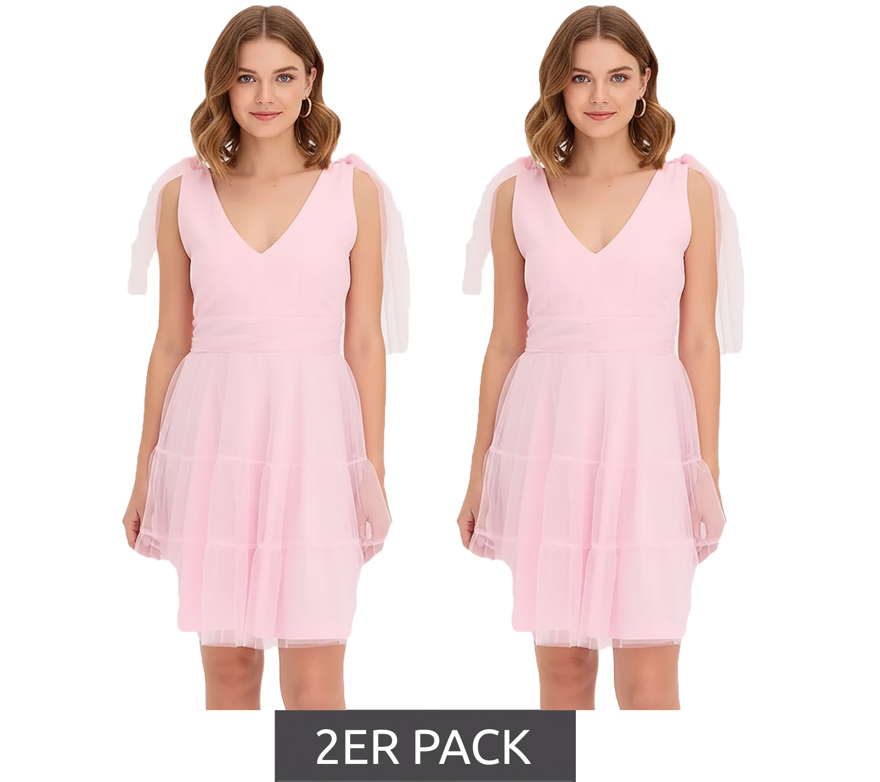 2er Sparpack stylisches Mini-Kleid aus zartem Tüll mit Schleifen-Details Netz-Kleid 915092 Rosa