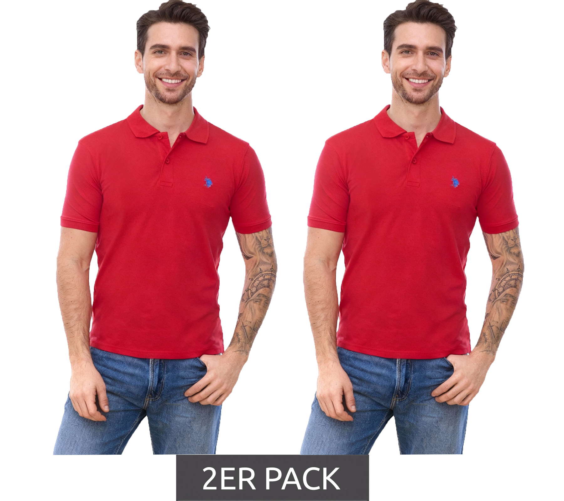 2er Sparpack U.S. POLO ASSN. Herren Polo-Shirt Basic-Shirt Baumwoll-Shirt Kurzarm-Shirt 197 61092 52520 155 Rot/Blau